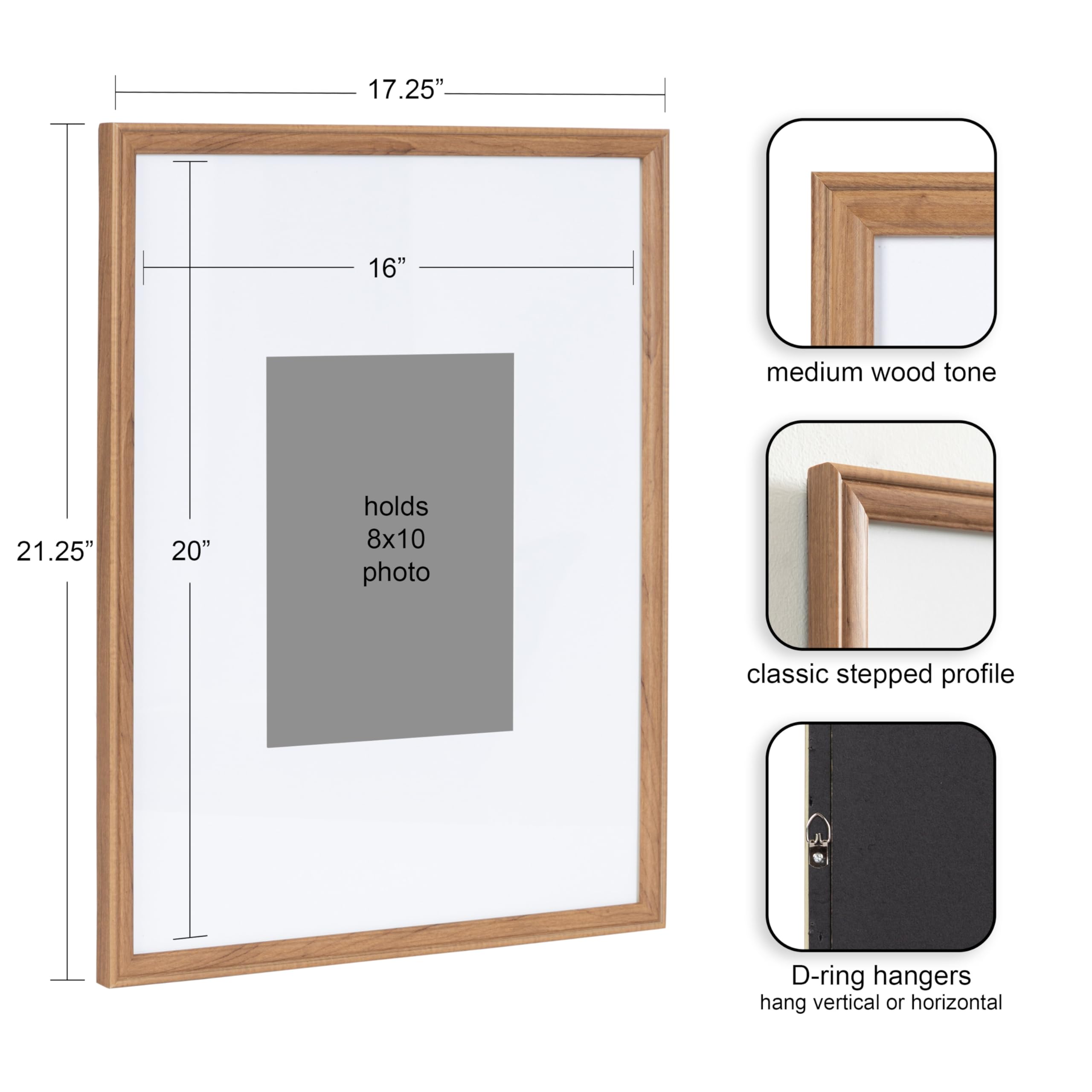 Kate And Laurel Adlynn Rectangle Picture Frame Set Of 3, 16 X 20 Matted To 8 X 10, Brown, Transitional Three-Piece Frame Set For