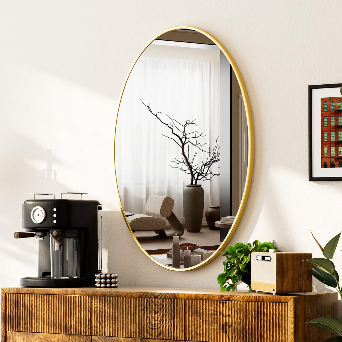 VooBang Oval Bathroom Mirror, Gold 26x38 inch Oval Wall Mirror, Modern Wall Mirror for Bedroom, Living Room, Horizontal or Verti