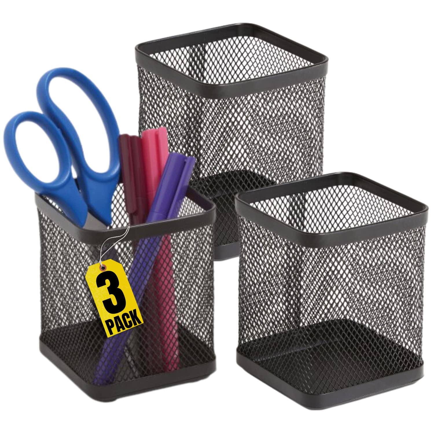 1Intheoffice Pen Holder Cup For Desk, Wire Mesh Cup, Pencil Holder Metal, Pencil Organizer Matte Black 3/Pack