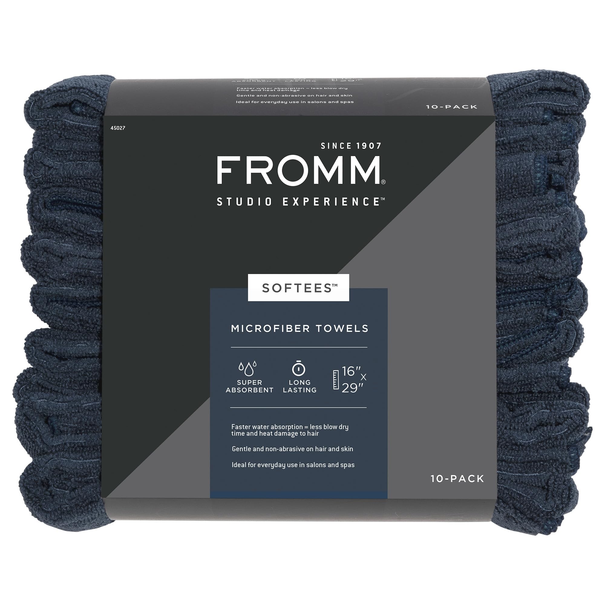 Fromm Softees Microfiber Salon Hair Towels for Hairstylists, Barbers, Spa, Gym in Navy, 16 by 29, 10 count Perfect Hair Care Tow