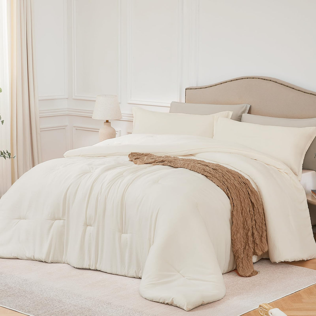 Quataly Oversized Queen Comforter Sets Beige,3Pcs Soft Lightweight Breathable Bedding Comforter Sets For All Season, Queen Xl(98
