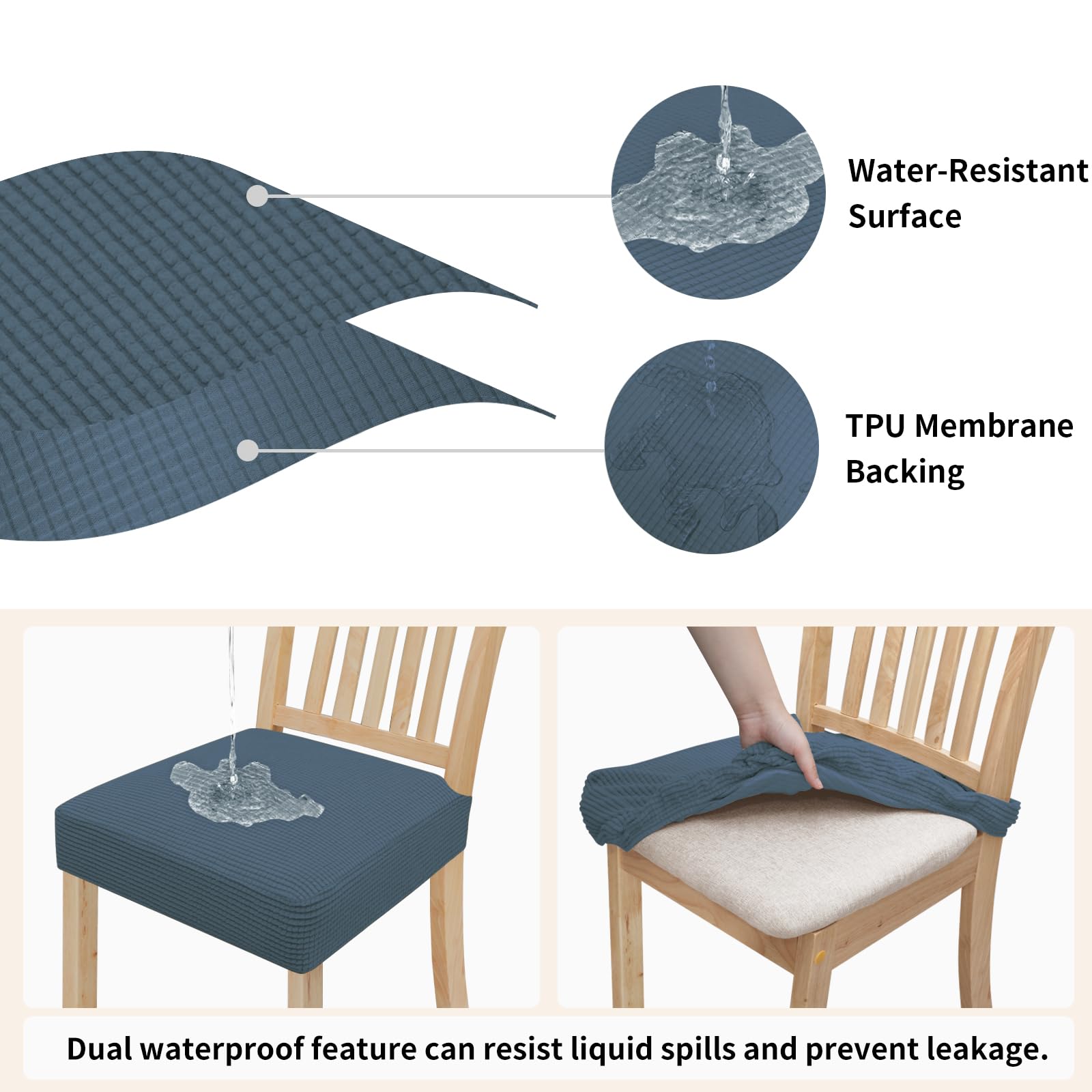 Easy-Going 100% Waterproof Seat Covers For Dining Room Chairs, Stretch Jacquard Chair Seat Slipcovers Removable And Washable Kitchen Dining Chair Covers (Set Of 4, Bluestone)