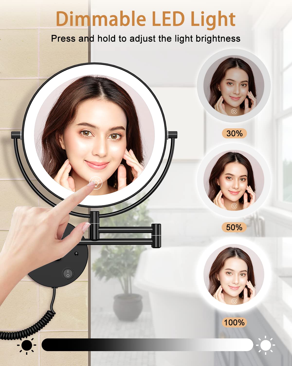 Benbilry 9    Wall Mounted Lighted Makeup Vanity Mirror With 3 Color Dimming Lights, Large Size 1X/10X Magnifying Double Sided L