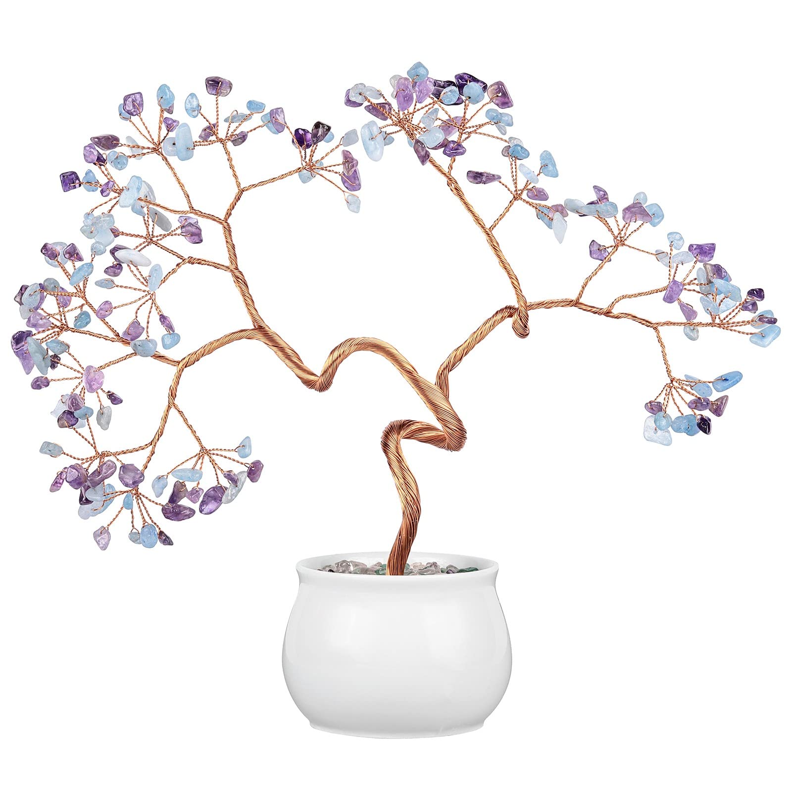 mookaitedecor Amethyst & Aquamarine Crystal Money Tree with Ceramic Base Bonsai Feng Shui Tree Ornament for Office Home Decor, 8