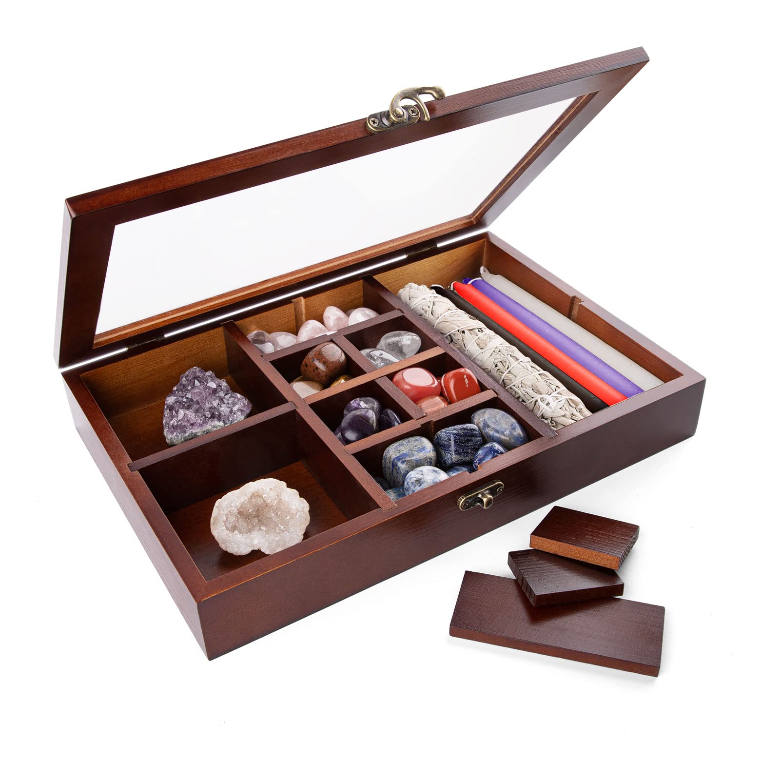 Mooncraftlogy Adjustable Rock Display Case, Crystal Collection Box with Shelves, Wood Witchy Stones Organizer Storage,Gem Holder