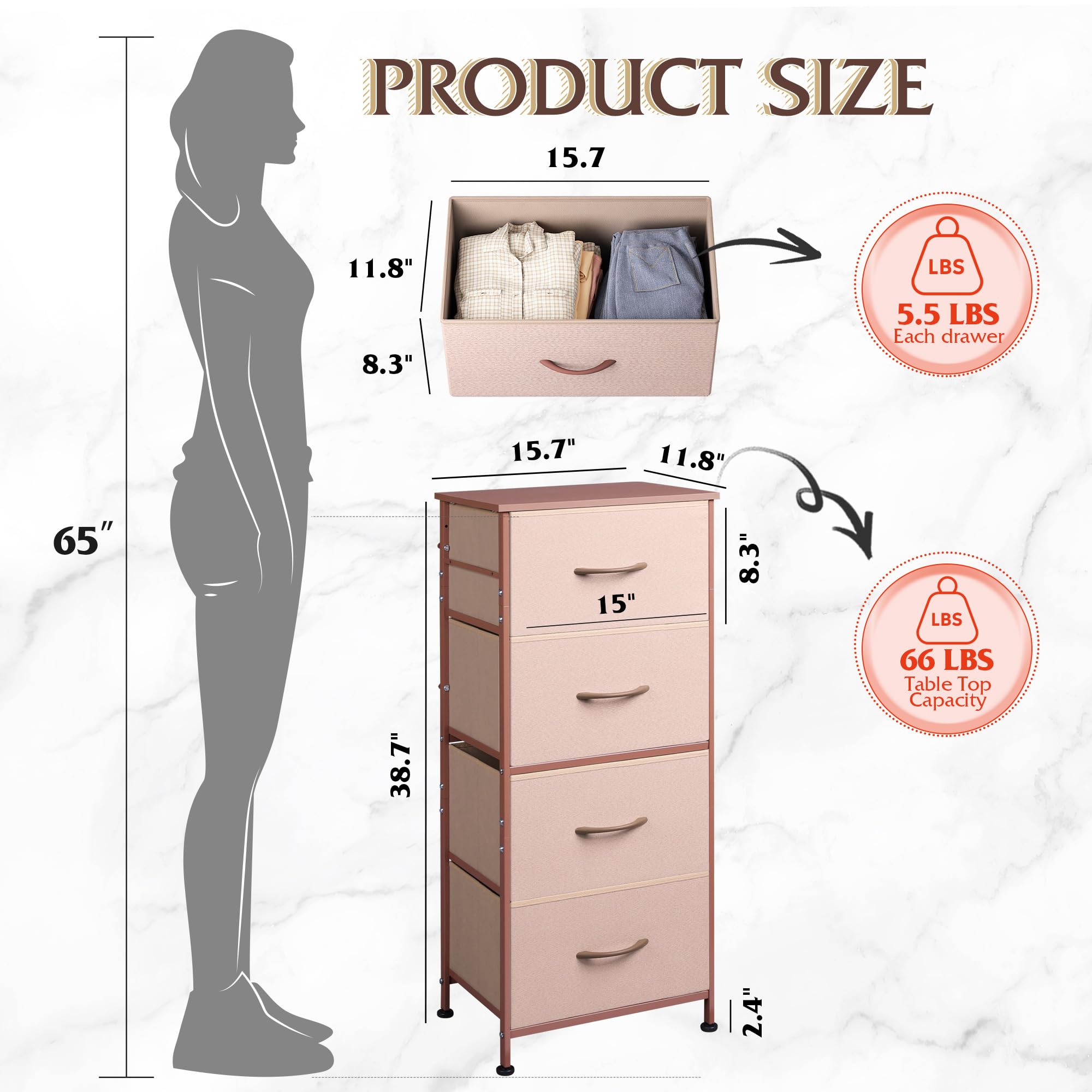 Wlive 4 Drawers Dresser For Bedroom, Pink Rose Gold Fabric Clothes Storage Organizer Unit, Dresser For Hallway, Entryway, Closets, Sturdy Steel Frame, Wood Top