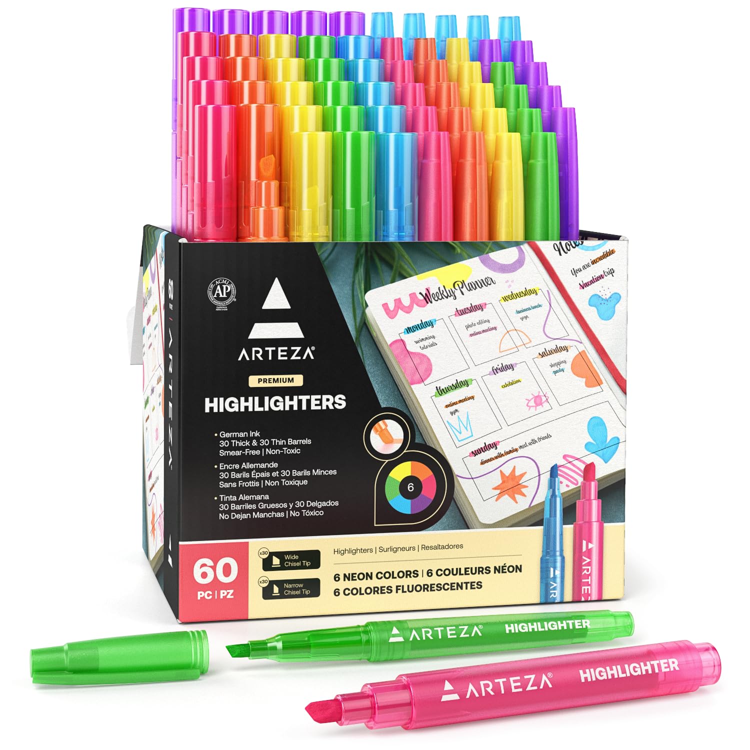 Arteza Highlighters Assorted Colors, Bulk Set Of 60, Neon, Wide And Narrow Chisel Tip Markers, Office And School Supplies For Te
