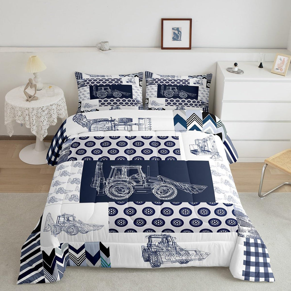 Kids Construction Comforter Set Full Size Equipment Trucks Bedding Set for Boys Cartoon Car Excavator Tractor Comforter Construc