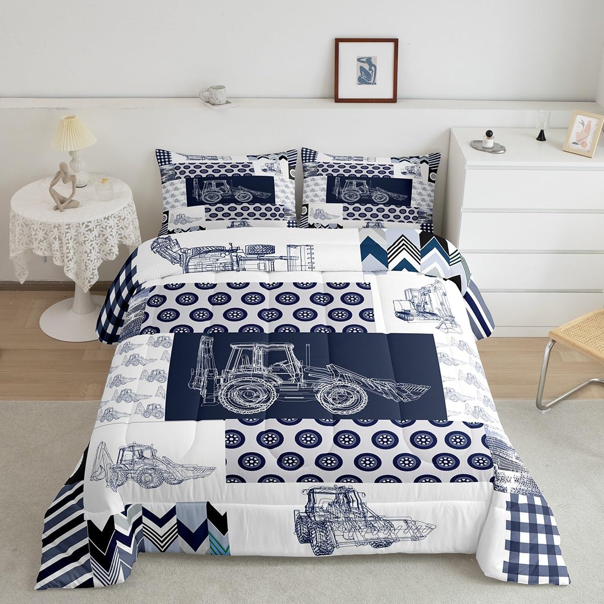 Kids Construction Comforter Set Full Size Equipment Trucks Bedding Set for Boys Cartoon Car Excavator Tractor Comforter Construc