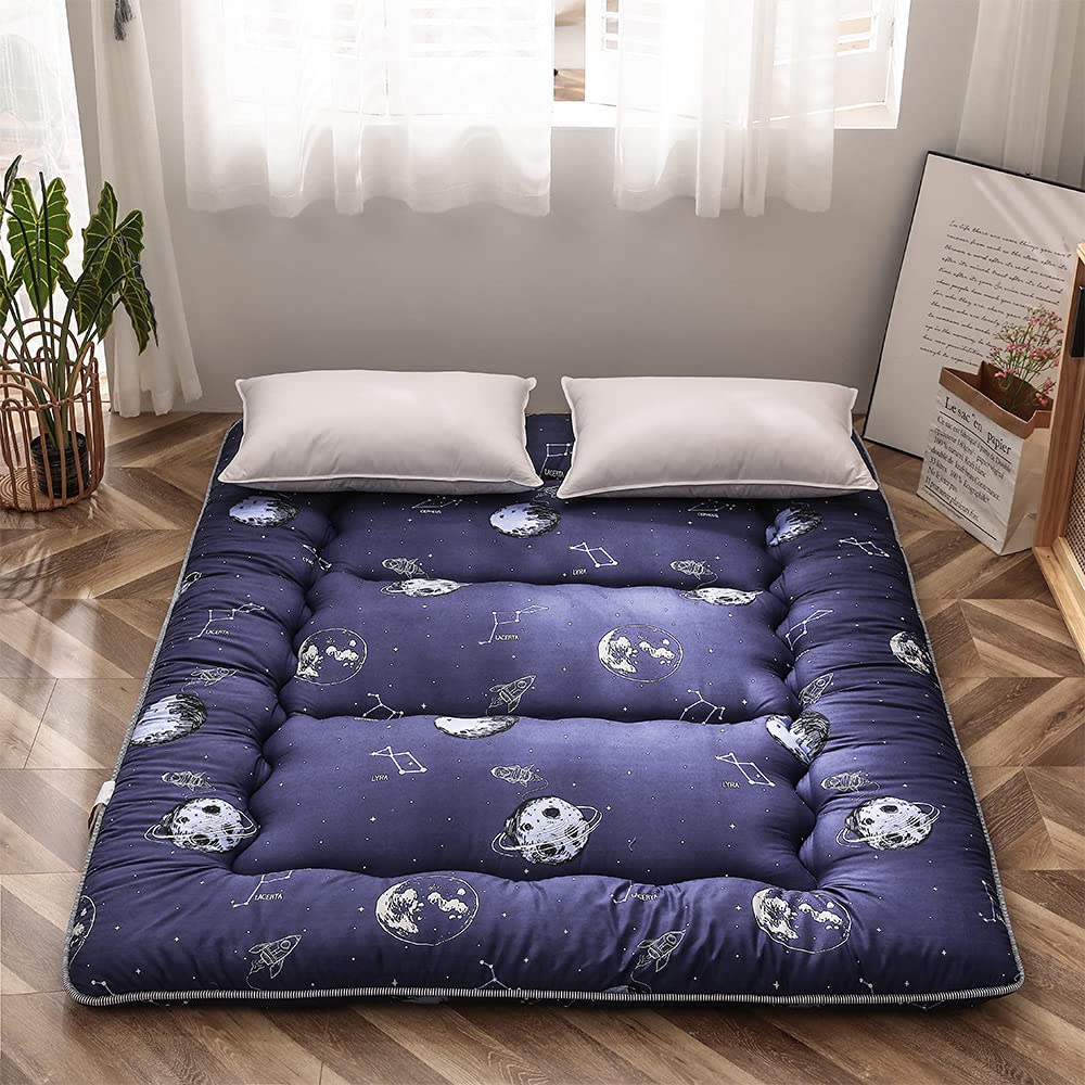 Navy Space Adventure Japanese Floor Futon Mattress, Thicken Tatami Mat Sleeping Pad Foldable Bed Roll Up Mattress Floor Lounger Bed Couches And Sofas For Kids Full Size