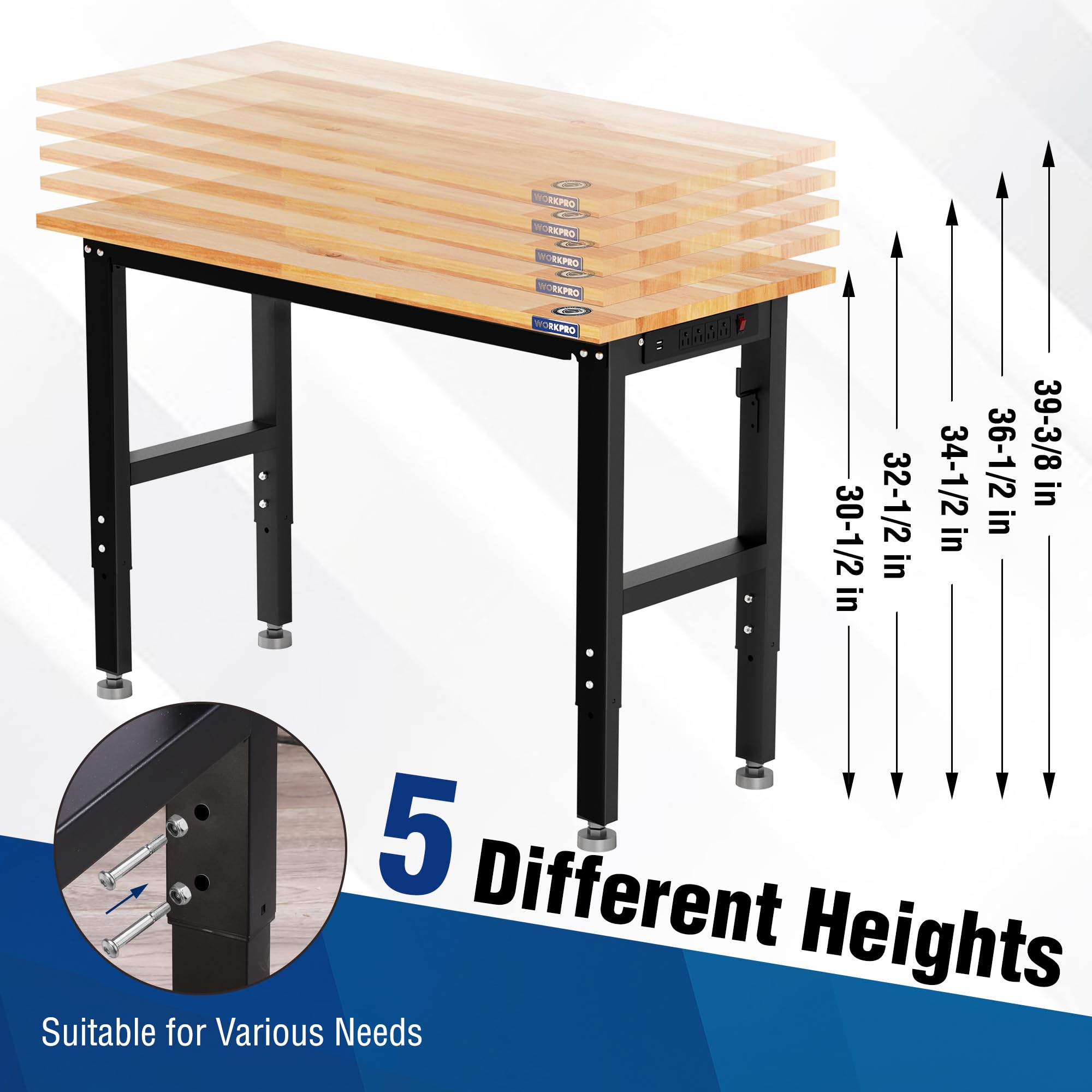 Workpro Adjustable Garage Workbench, 48'X22' Rubber Wood Top Heavy-Duty Work Desk With Power Outlets, Leveling Foot, 5 Heights, 1500 Lbs Load Capacity Work Benches For Garage, Workshop, Office, Home