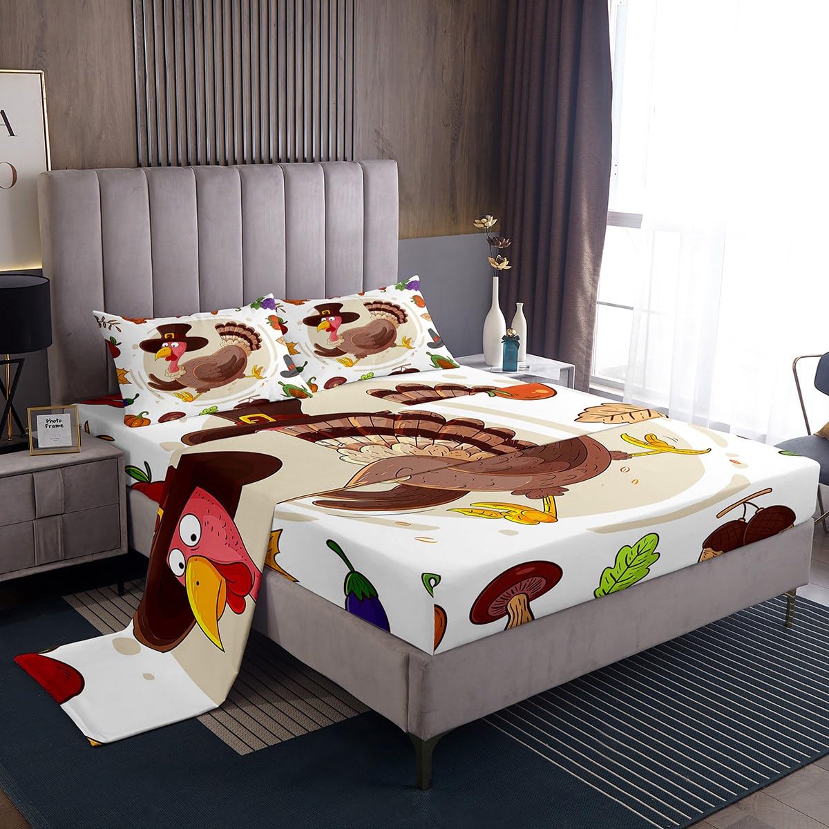 Wild Turkey Bed Sheets Set Queen for Boys Kids Cute Turkey Sheet Set,Thanksgiving Day Gifts for Girls Women Autumn Harvest Decor