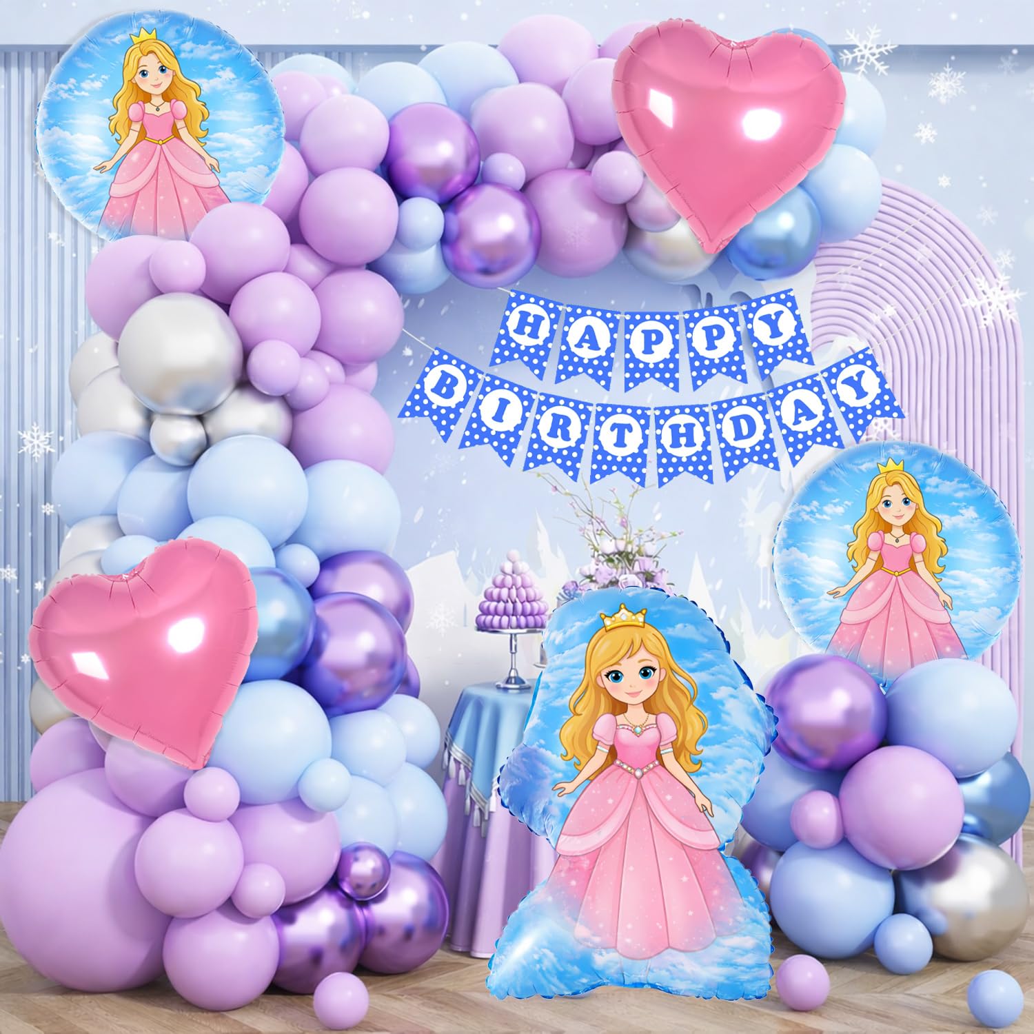 Velunza Set Of 42 Pcs Princess Theme Birthday Decoration Kit With Blue Happy Birthday Paper Banner, Princess Foil Balloon, Heart