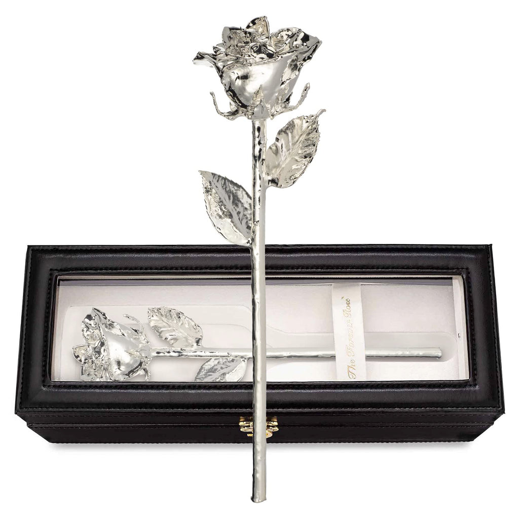 Forever Rose Leather Case Bundle - A Genuine, One Of A Kind, Real Rose Hand Dipped In Silver With Beautiful Leather Case With Le