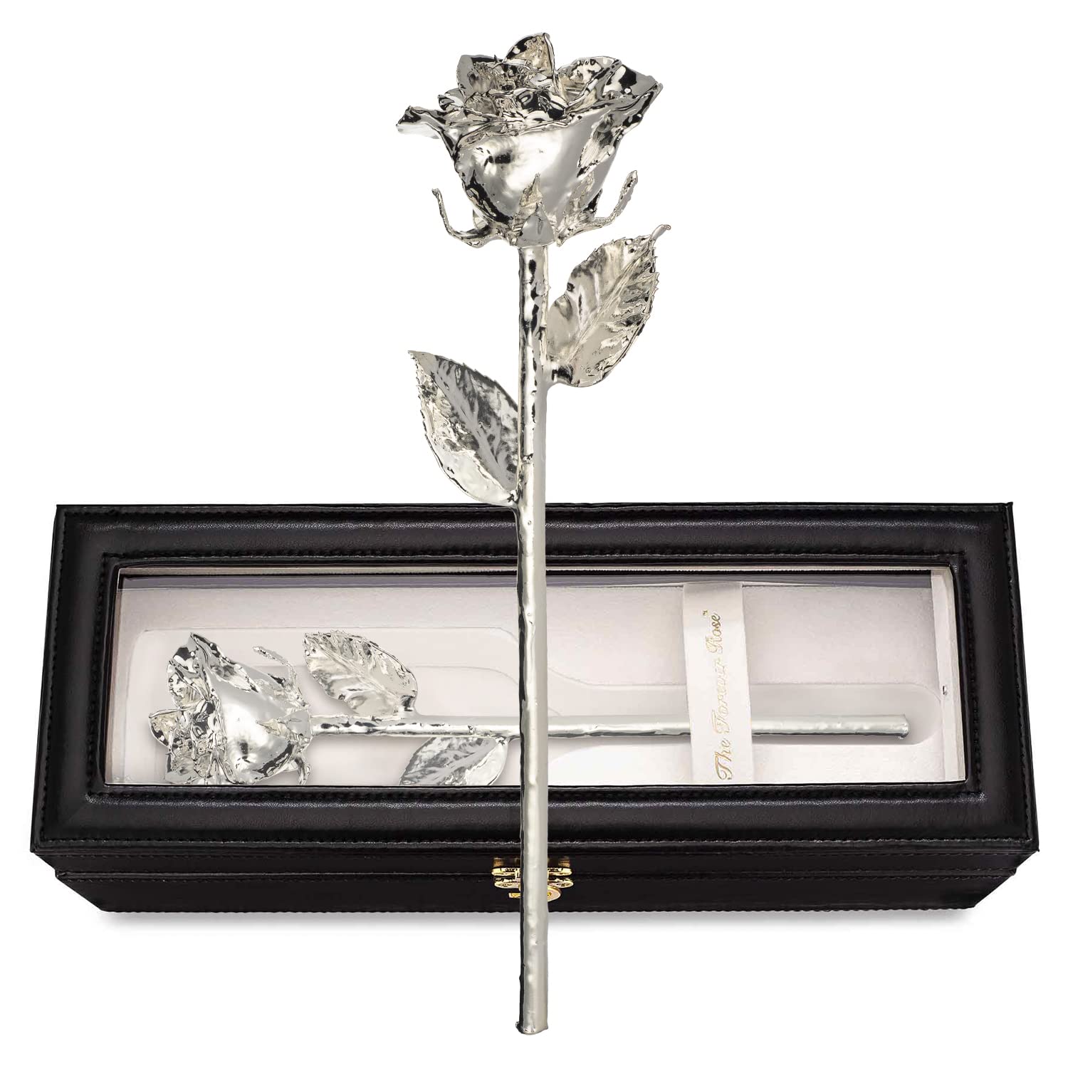Forever Rose Leather Case Bundle - A Genuine, One Of A Kind, Real Rose Hand Dipped In Silver With Beautiful Leather Case With Le