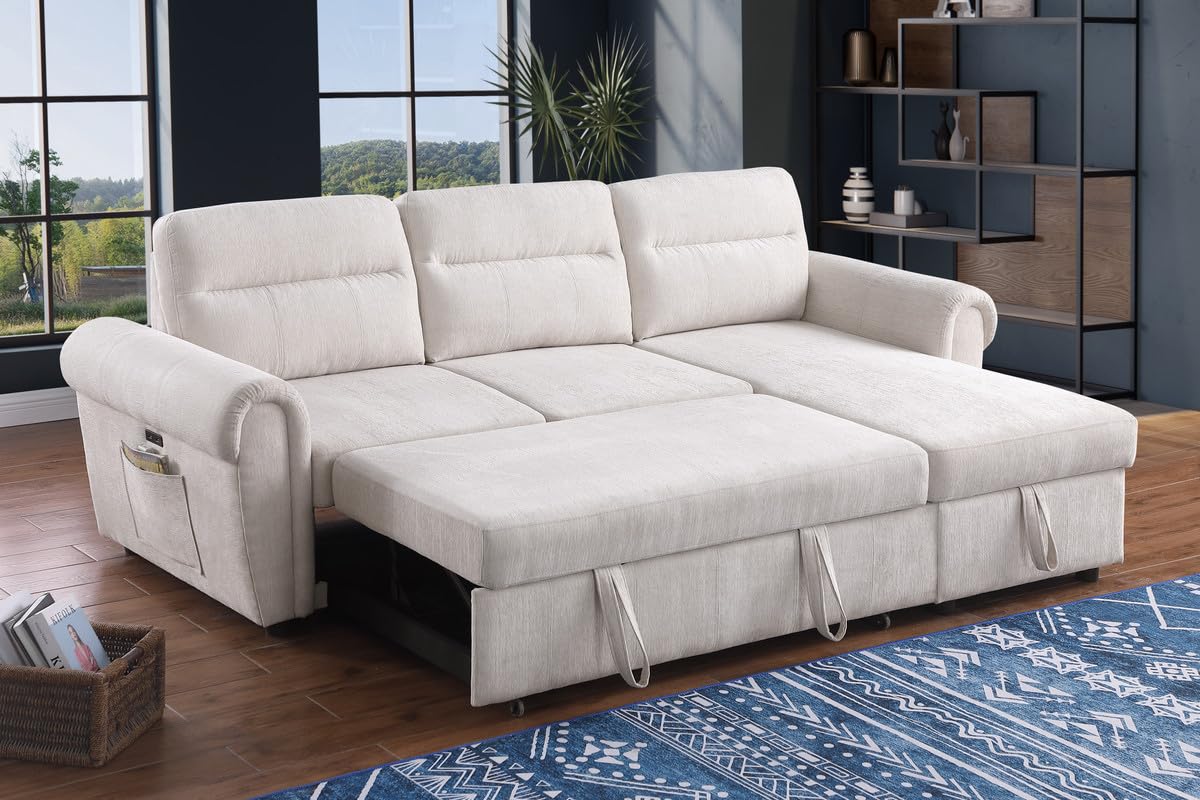 Lilola Home Hugo 97" W Beige Chenille Reversible Sleeper Sectional Sofa with Storage Chaise, USB Chargers, Phone/Magazine Pockets