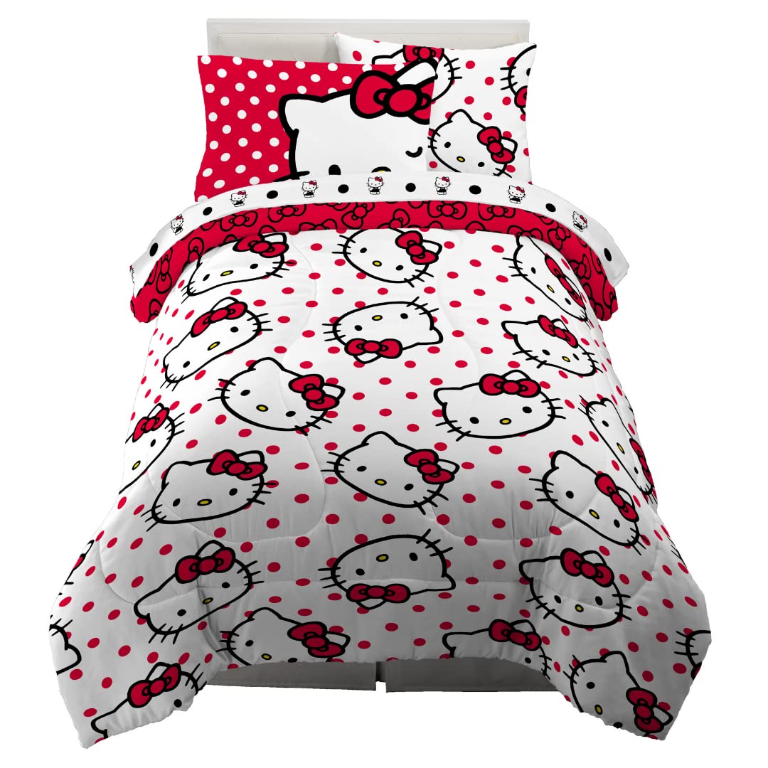 Franco Sanrio Hello Kitty Polka Dot Bedding 5 Piece Super Soft Comforter And Sheet Set With Sham, Twin, (100% Official Licensed