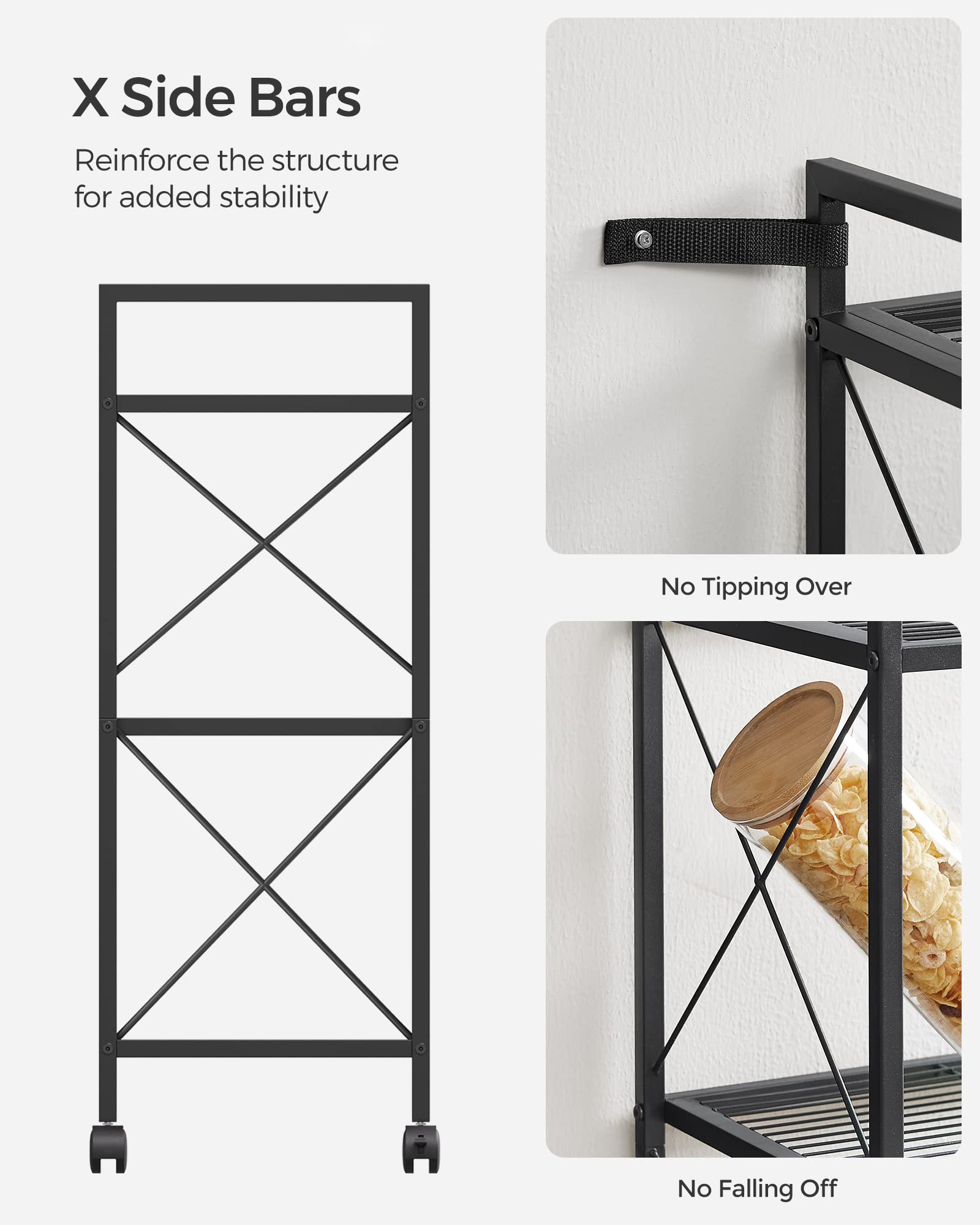 Songmics 3-Tier Metal Storage Rack With Wheels, Mesh Shelving Unit With X Side Frames, 31.5-Inch Width, For Entryway, Kitchen, Living Room, Bathroom, Industrial Style, Black Ubsc183B01