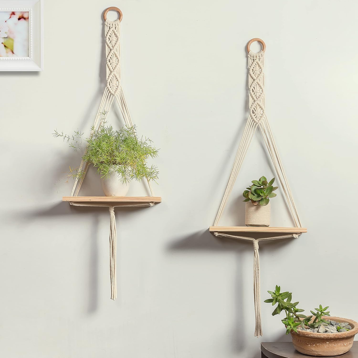 Macrame Hanging Wall Shelf, Set of 2, Handmade Cotton Rope with Pine Wood Planks, Boho Floating Shelves for Plants, Beige