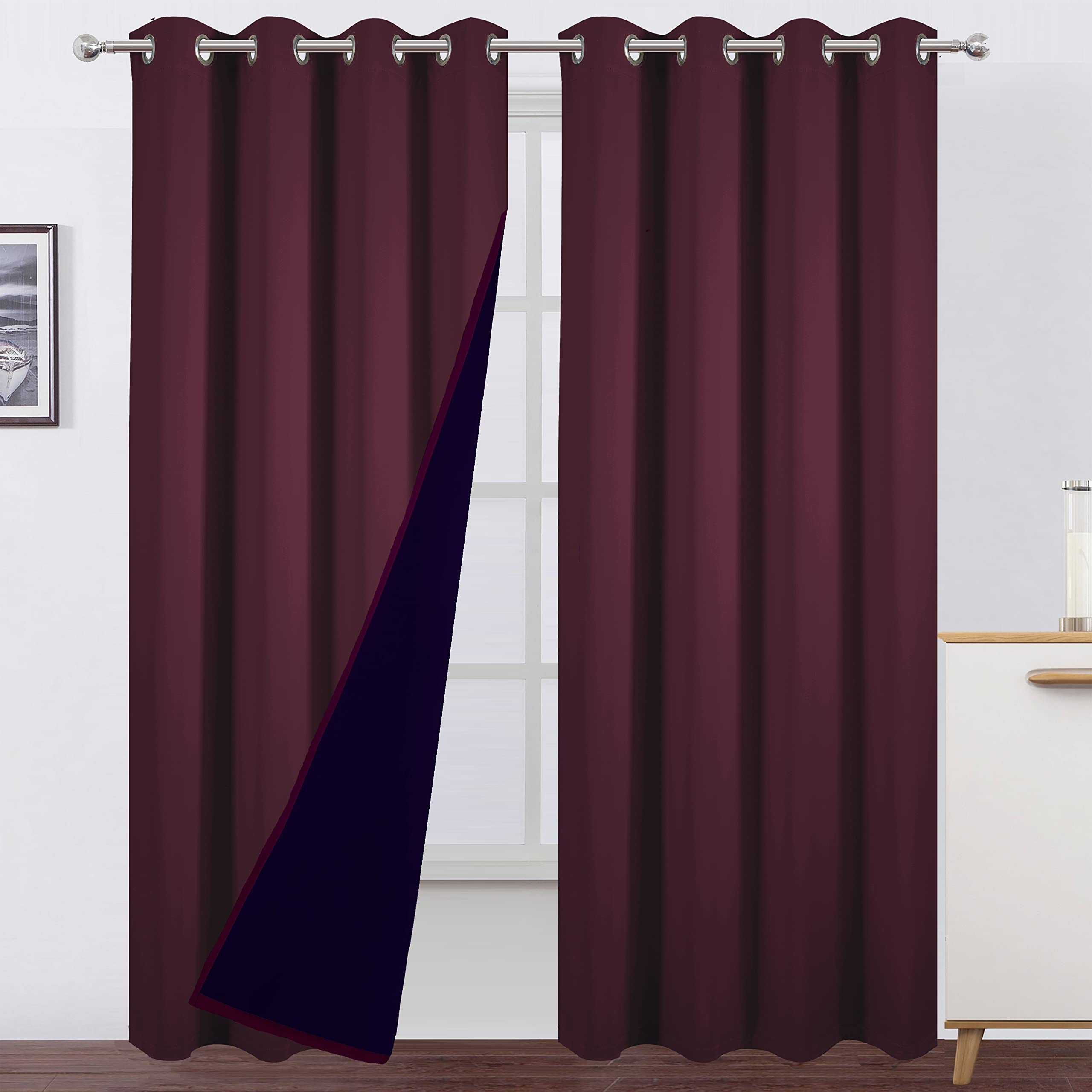 Lemomo 100% Blackout Curtains 52 X 84 Inch/Burgundy Red Curtains 2 Panels With Black Lining Room Darkening Thermal Insulated Bed