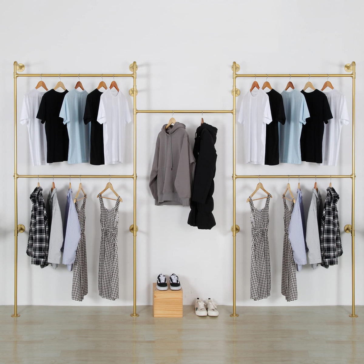 EDCB Industrial Pipe Clothing Rack Wall Mounted 5 Hanging Rods Garment Bar, Heavy Duty Closet Storage Rod Vintage Commercial Clo