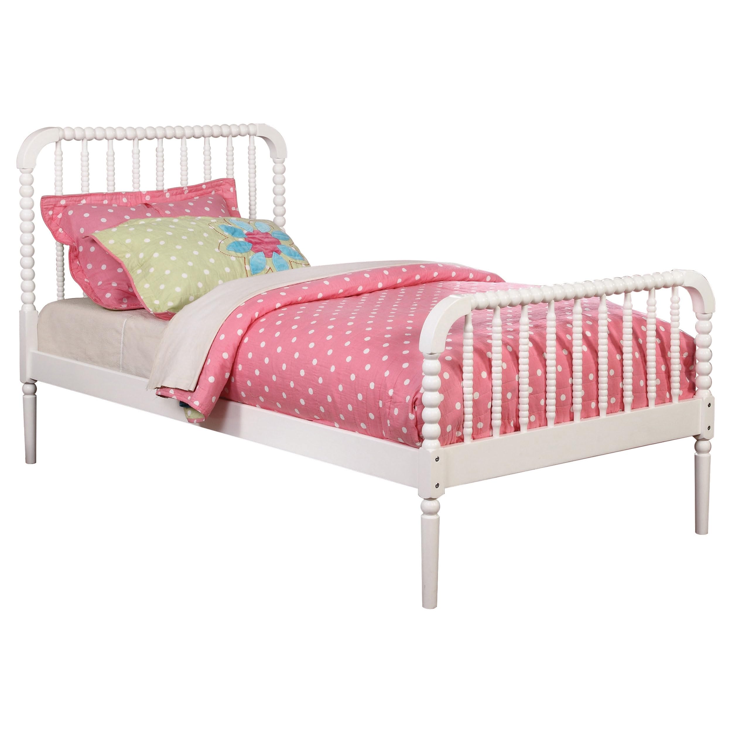 Coaster Home Furnishings Jones Country Farmhouse Wood Jenny Lind Bobbin Twin Size Open Frame Fully Slatted Platform Bed FrameWhite 400415T