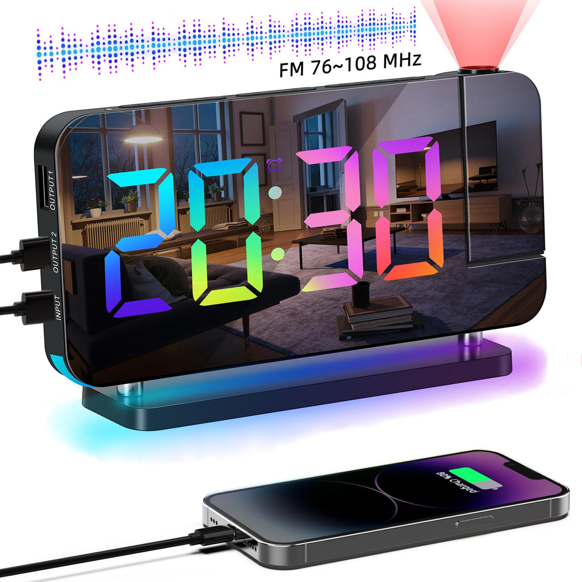 Hanaix Projection Alarm Clock for Bedroom Ceiling,RGB Digital Clocks Radio with 10 Colors RGB Night Light,Loud Alarm Clock for H
