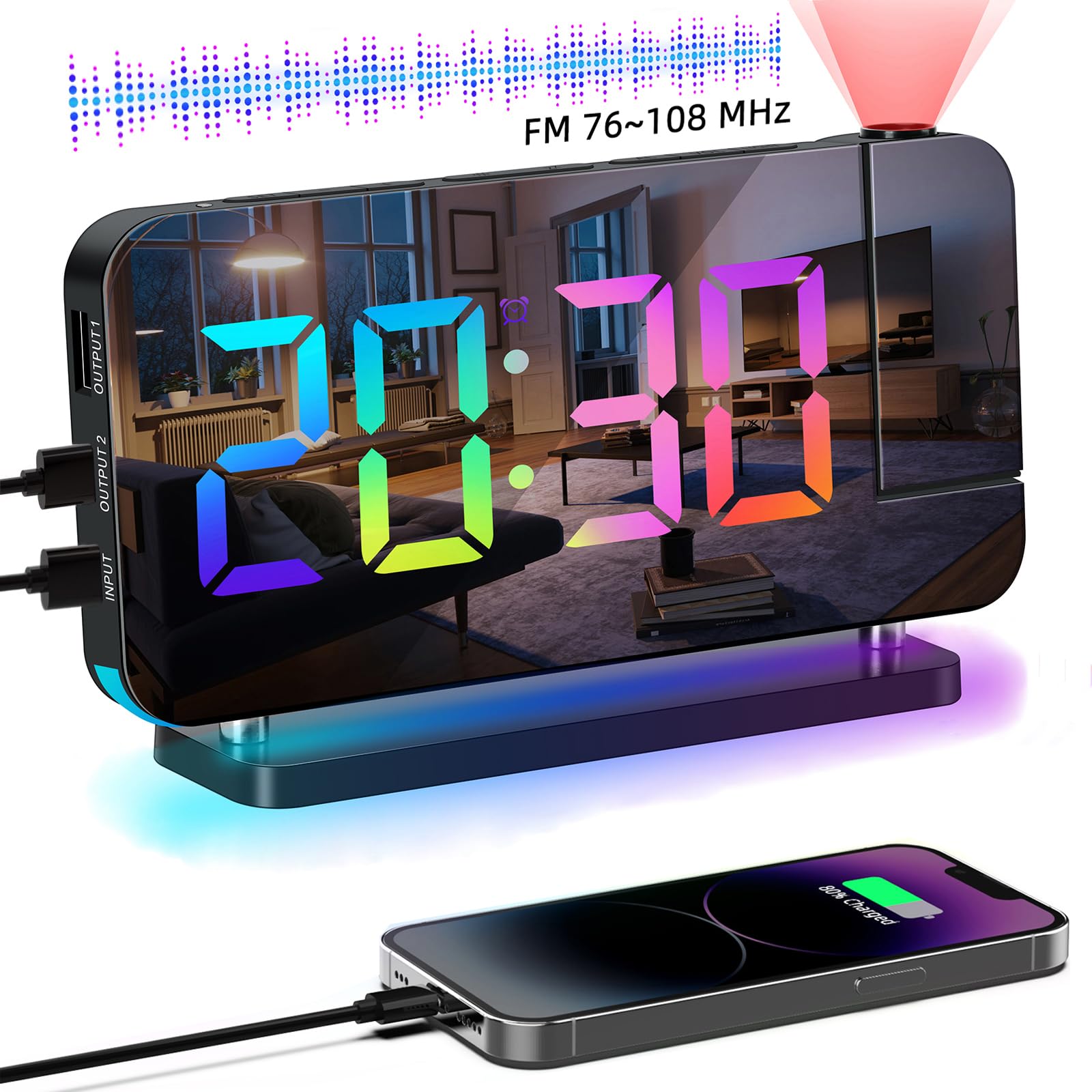 Hanaix Projection Alarm Clock for Bedroom Ceiling,RGB Digital Clocks Radio with 10 Colors RGB Night Light,Loud Alarm Clock for H