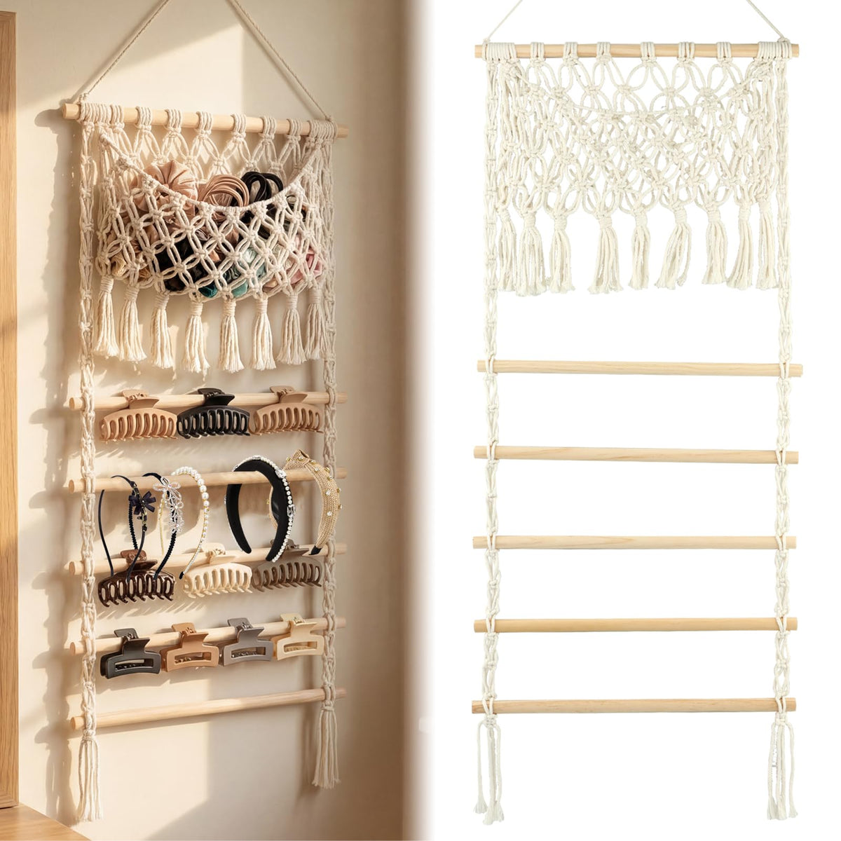 LZQMRVAK Macrame Hair Claw Clip Organizer, Scrunchies Holder and Hair Ties Organizer with Large Capacity Mesh Bag for Women Girl