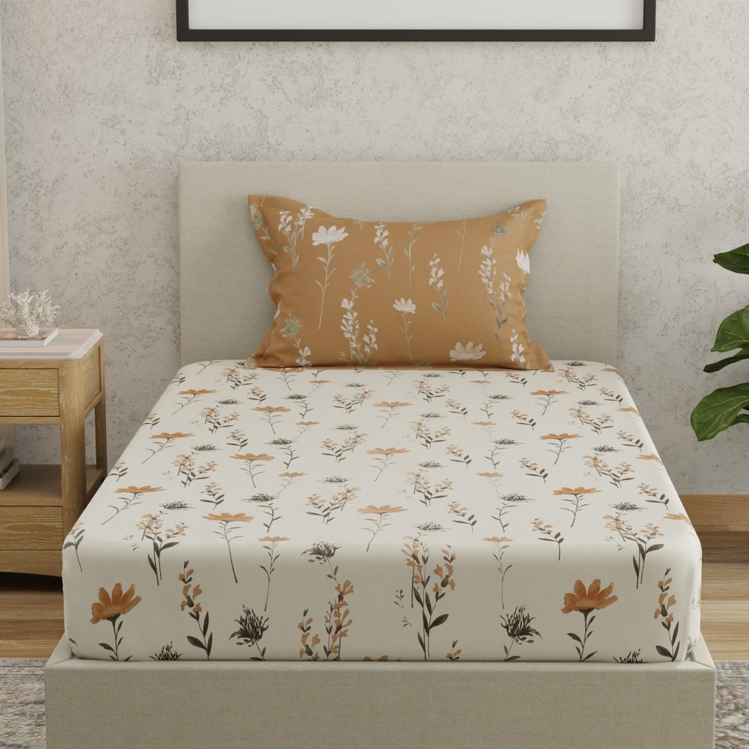 Huesland By Ahmedabad Cotton 144 Tc Bedsheet For Single Bed With 1 Pillow Cover | White, Tangerine Orange & Grey