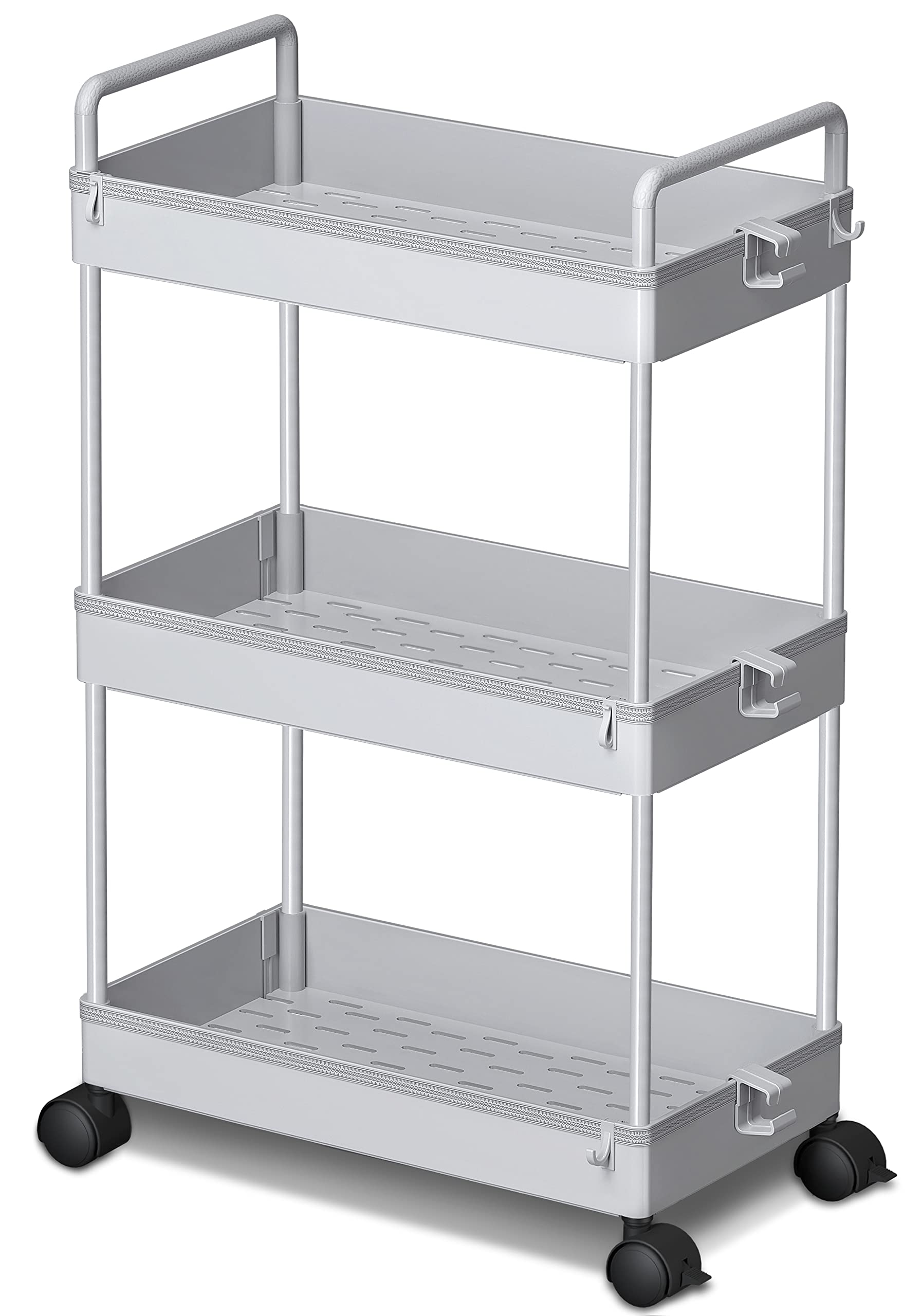 Ronlap 3 Tier Classic Storage Rolling Cart, Slim Storage Cart With Wheels Slide Out Storage Rolling Cart Organizer Plastic Utility Carts For Bathroom Laundry Room Kitchen Office Narrow Place, Grey