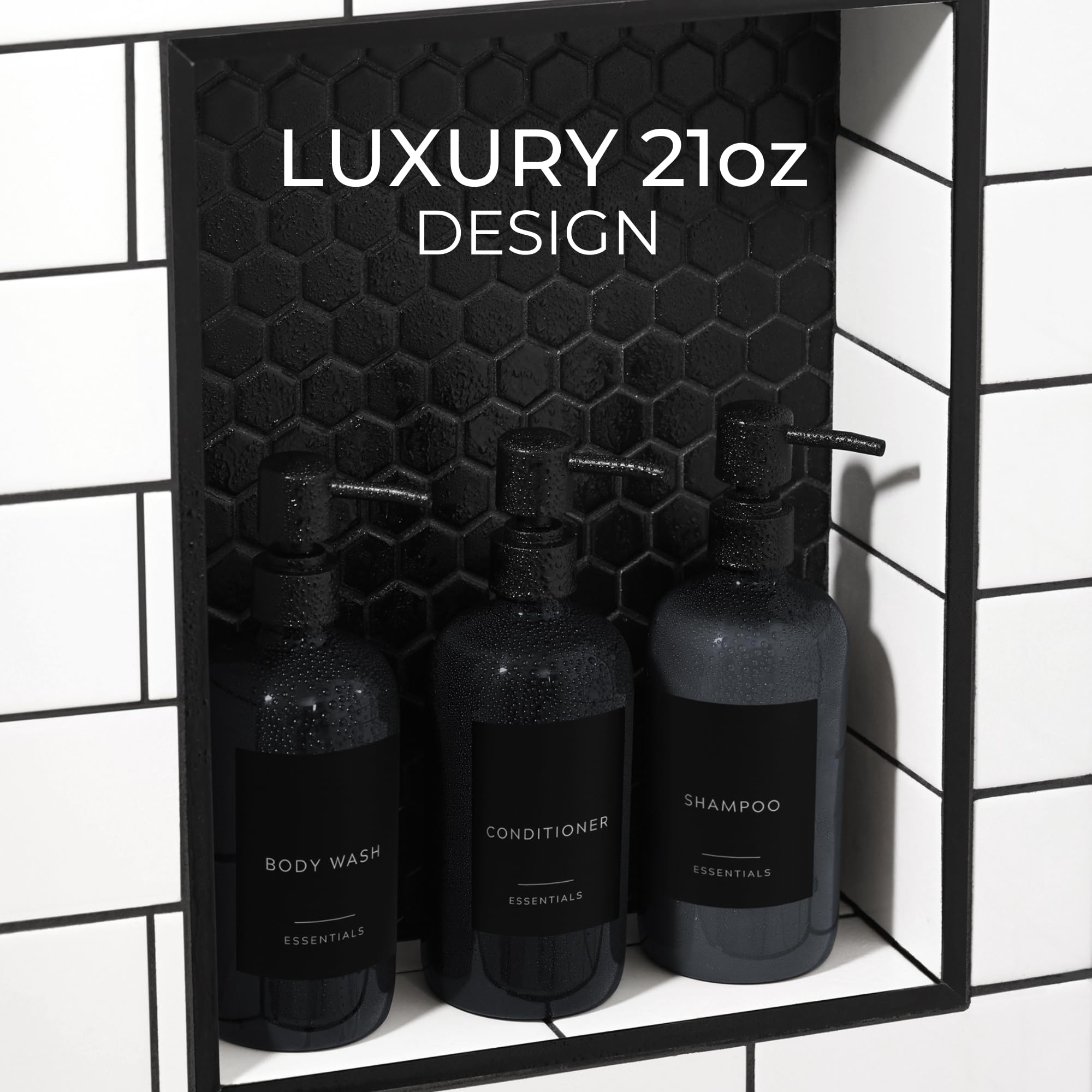 Stylish Shampoo And Conditioner Dispenser Set Of 3 - Modern 21Oz Shower Soap Bottles With Pump And Labels - Easy To Refill Body