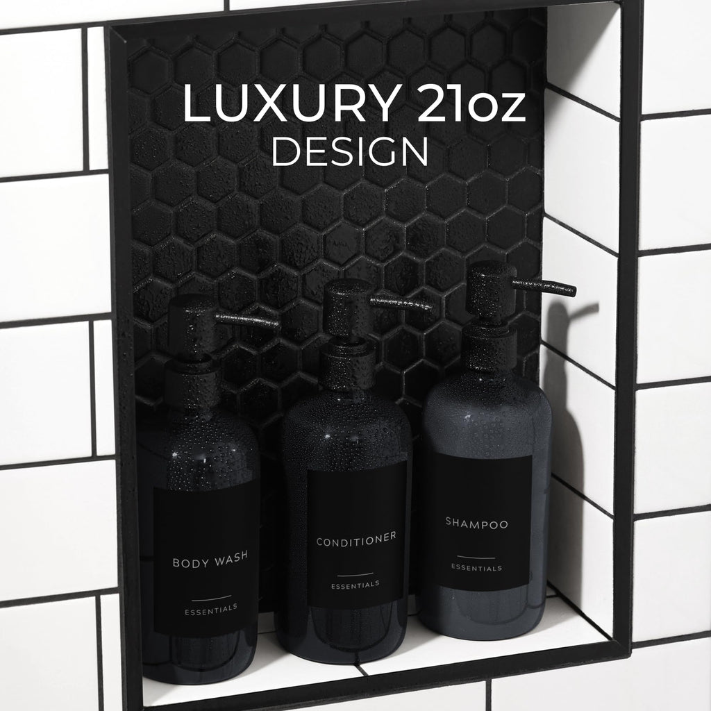 Stylish Shampoo And Conditioner Dispenser Set Of 3 - Modern 21Oz Shower Soap Bottles With Pump And Labels - Easy To Refill Body