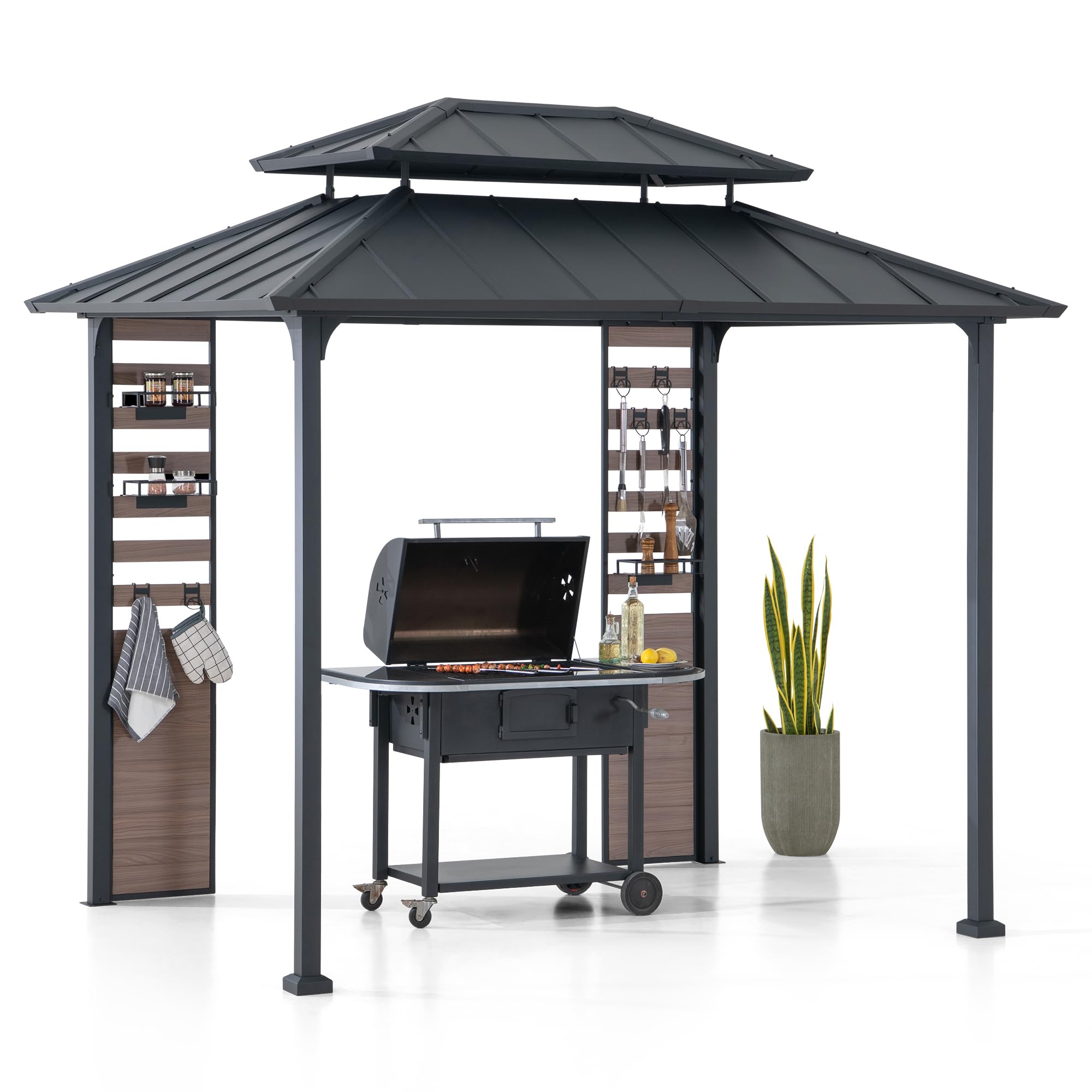 Sunjoy 7 X 9 Ft. Grill Gazebo, 2-Tier Hardtop Gazebo Pergola With Ceiling Hooks And Storage Shelves, Matte Black