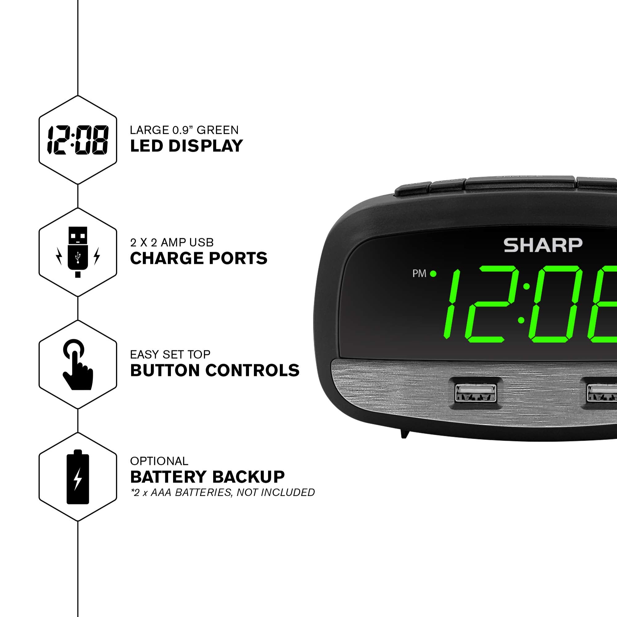 Sharp Digital Clock With Alarm And Dual Usb Fastcharge Charging Ports - Charge Your Phone Bedside - Battery Back-Up - Easy To Us
