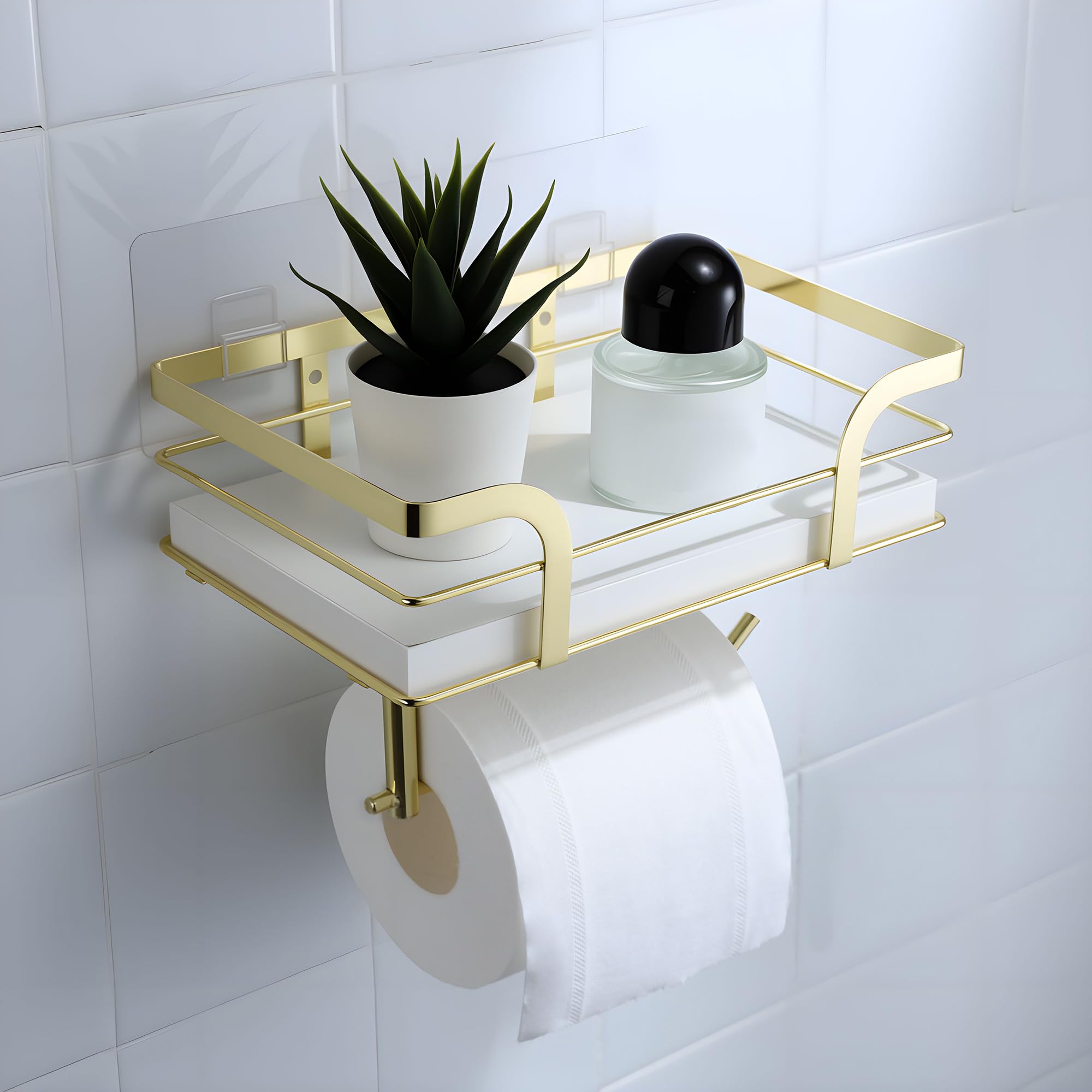 Toilet Paper Holder with Shelf - Toilet Roll Holder Modern Decor for Bathroom, White Wooden Shelf Without Drilling&Wall Mounted