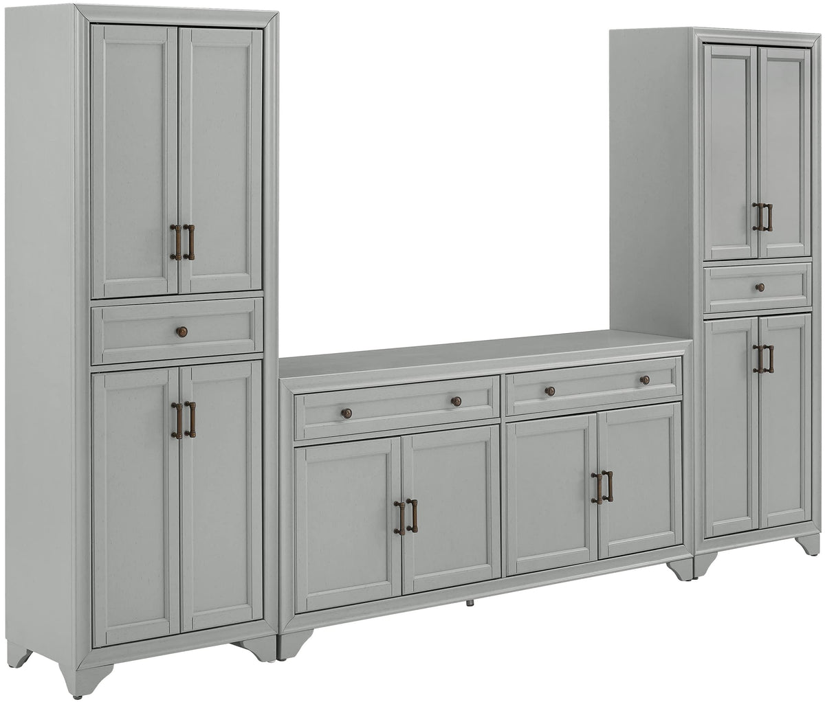 Crosley Furniture Tara 3-Piece Entertainment Center with TV Stand, Storage Cabinets, and Adjustable Shelves, Distressed Gray