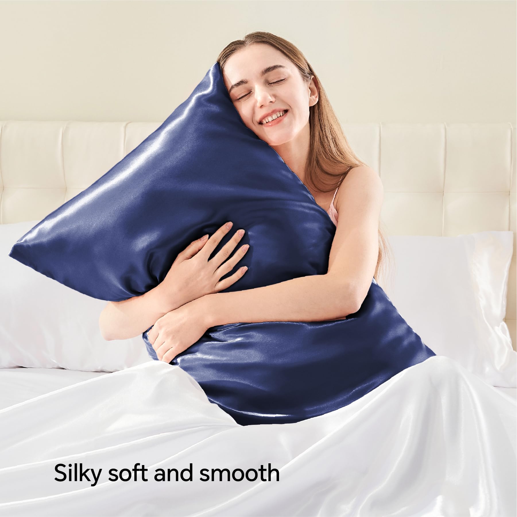 Bedelite Satin Pillowcase With Zipper, Navy King Size Pillow Cases Set Of 2, Super Soft And Cooling Similar To Silk Pillow Cases