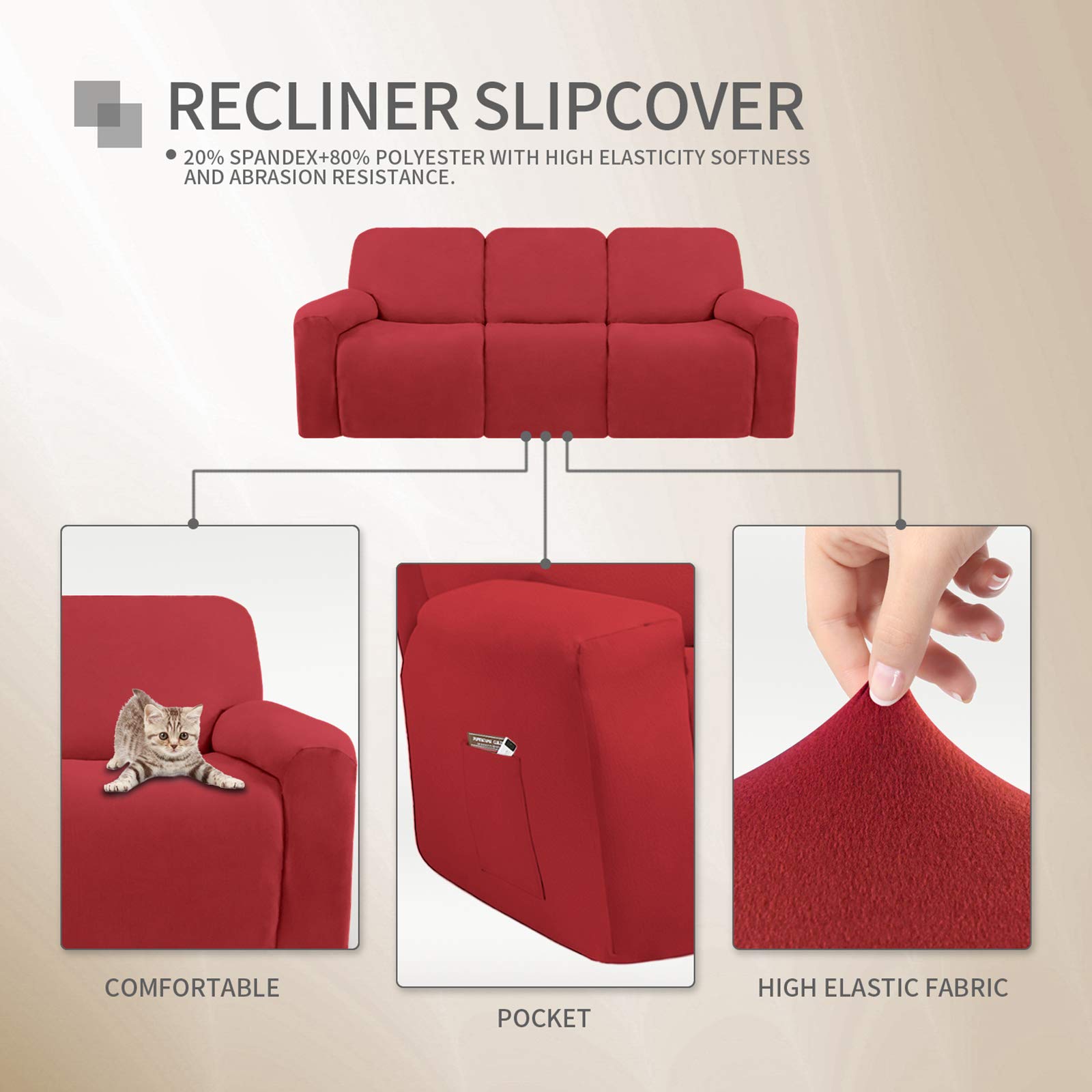 Easy-Going 8 Pieces Microfiber Stretch Sectional Recliner Sofa Slipcover Soft Fitted Fleece 3 Seats Couch Cover Washable Furnitu