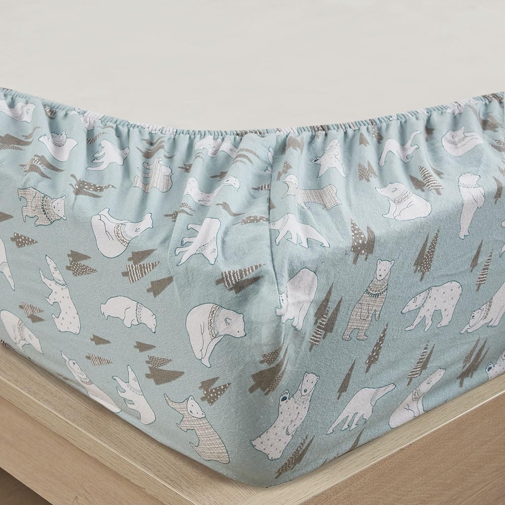 Comfort Spaces Novalty Cotton Flannel Breathable Warm Deep Pocket Sheets With Pillow Case Bedding, Full, Blue Polar Bears 4 Piec