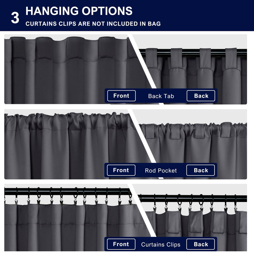 Hiasan Blackout Curtains 63 Inch Long Sewn With Tiebacks, Rod Pocket & Back Tab Charcoal Gray Thermal Insulated Drapes, Room Dar