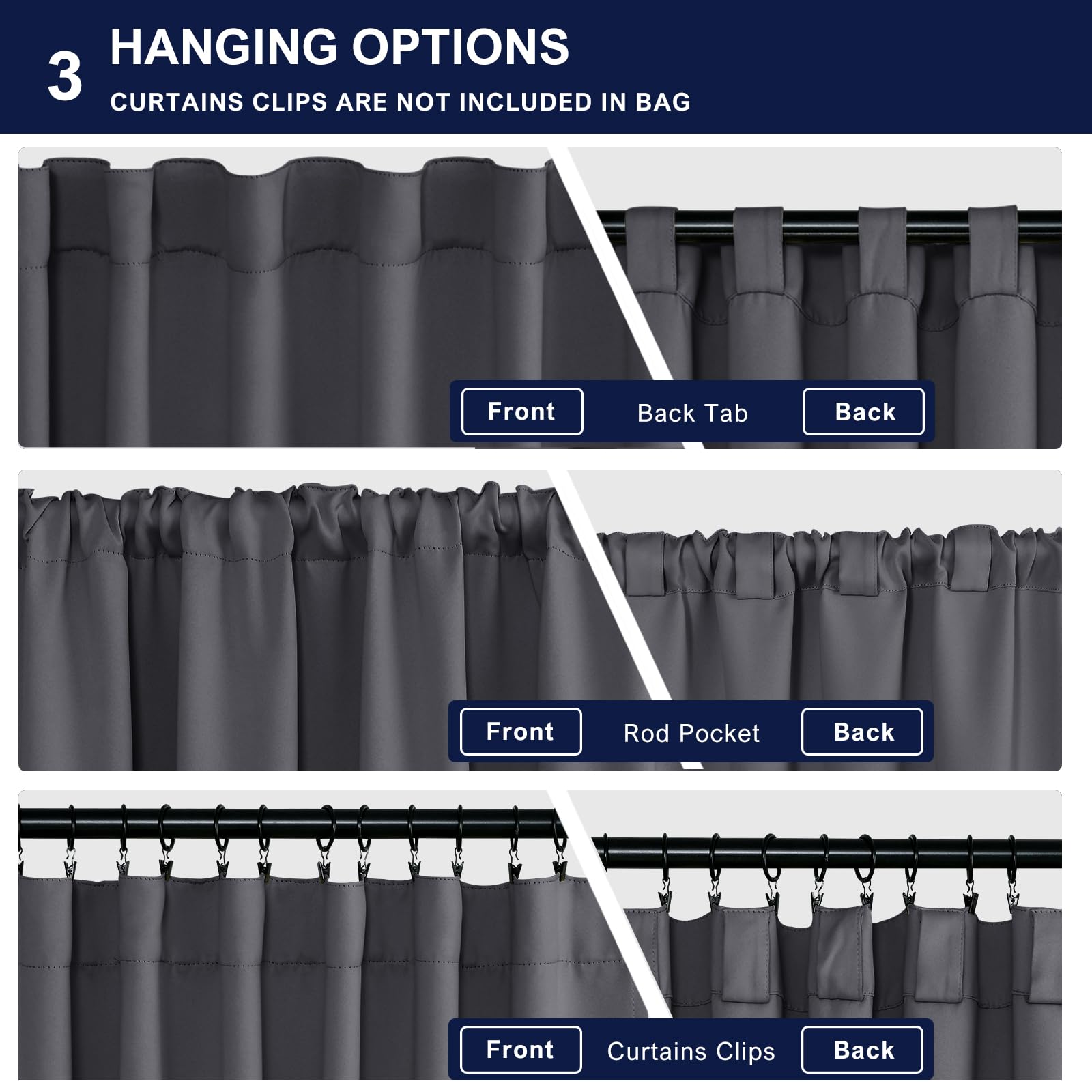 Hiasan Blackout Curtains 63 Inch Long Sewn With Tiebacks, Rod Pocket & Back Tab Charcoal Gray Thermal Insulated Drapes, Room Dar