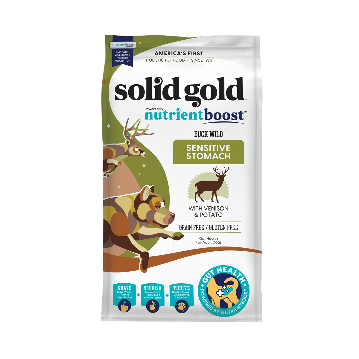 Solid Gold Dry Dog Food For Adult & Senior Dogs - Made W/Real Venison, Potato, & Pumpkin - Nutrientboost Buck Wild Sensitive Sto