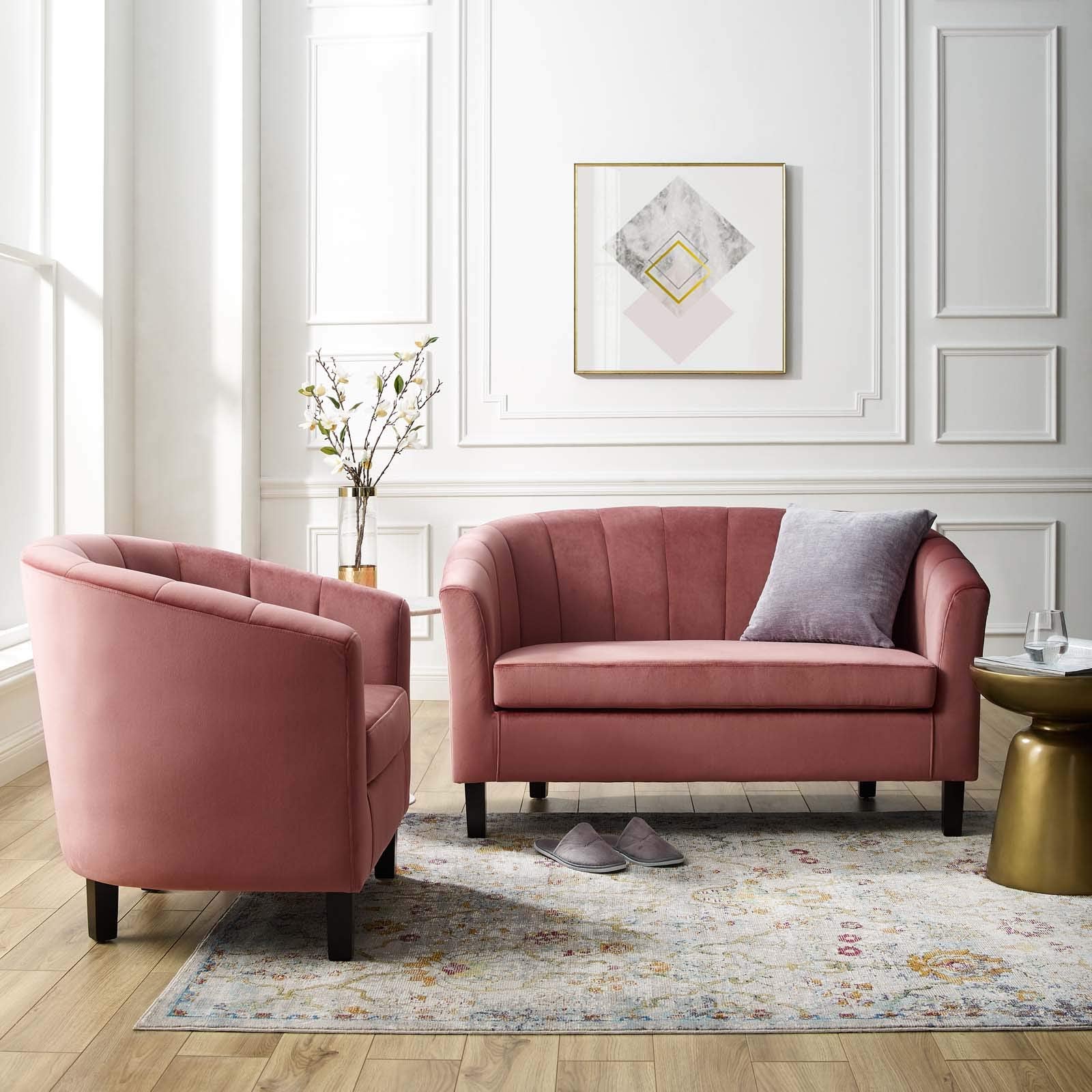 Modway Prospect Channel Tufted Performance Velvet Loveseat And Armchair Set, Dusty Rose