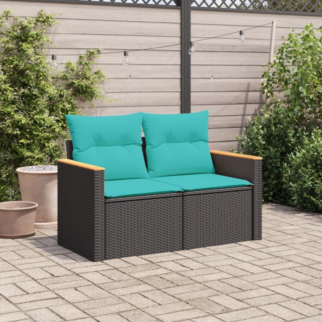 vidaXL Patio Sofa Black Poly Rattan with Cushions/Storage - 2-Seater Outdoor Loveseat, Modular Design