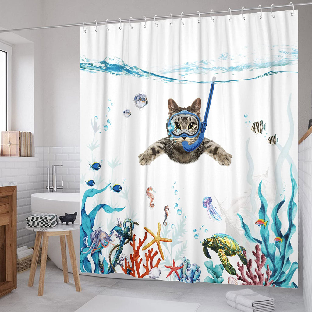 Fowocu Funny Cat 84 Inch Shower Curtain Set Teal Blue Sea Ocean Waterproof Fabric Shower Curtains With Animal Octopus Starfish T