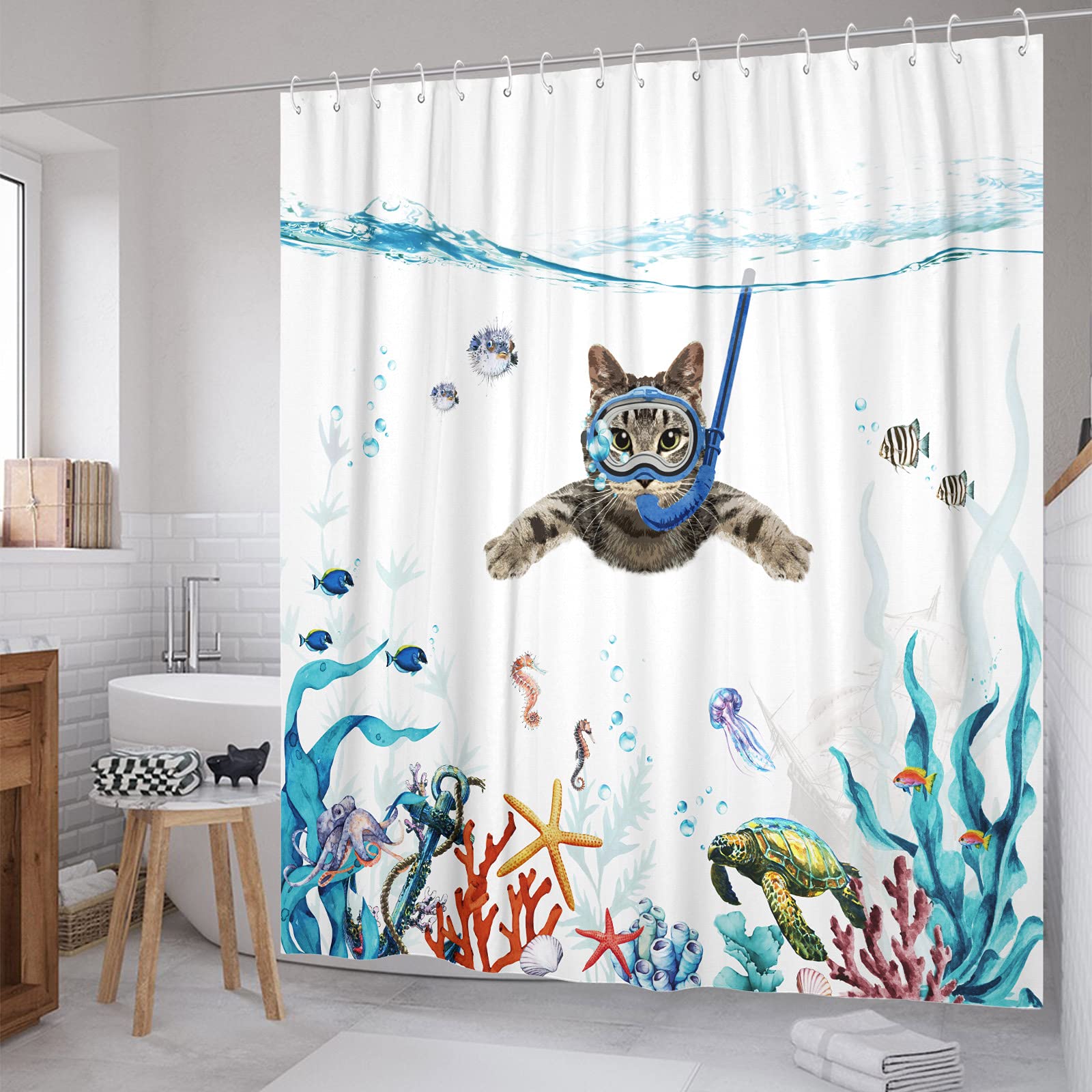 Fowocu Funny Cat 84 Inch Shower Curtain Set Teal Blue Sea Ocean Waterproof Fabric Shower Curtains With Animal Octopus Starfish T