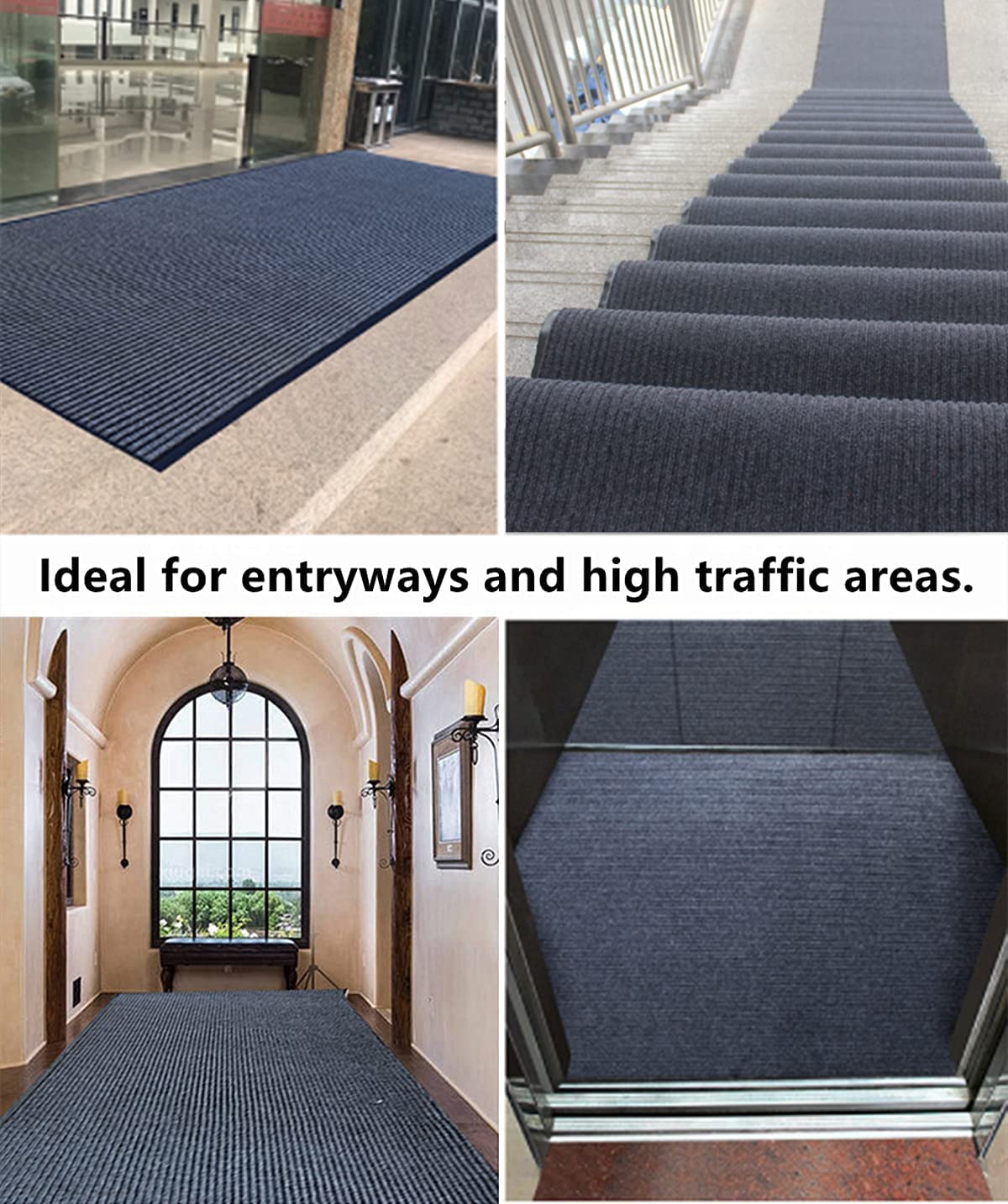 Happybeeflying Brush Step Large Front Door Mat 3'X10' Outdoor Indoor Commerical Entrance Mat Doormat Striped Low Profile Rubber