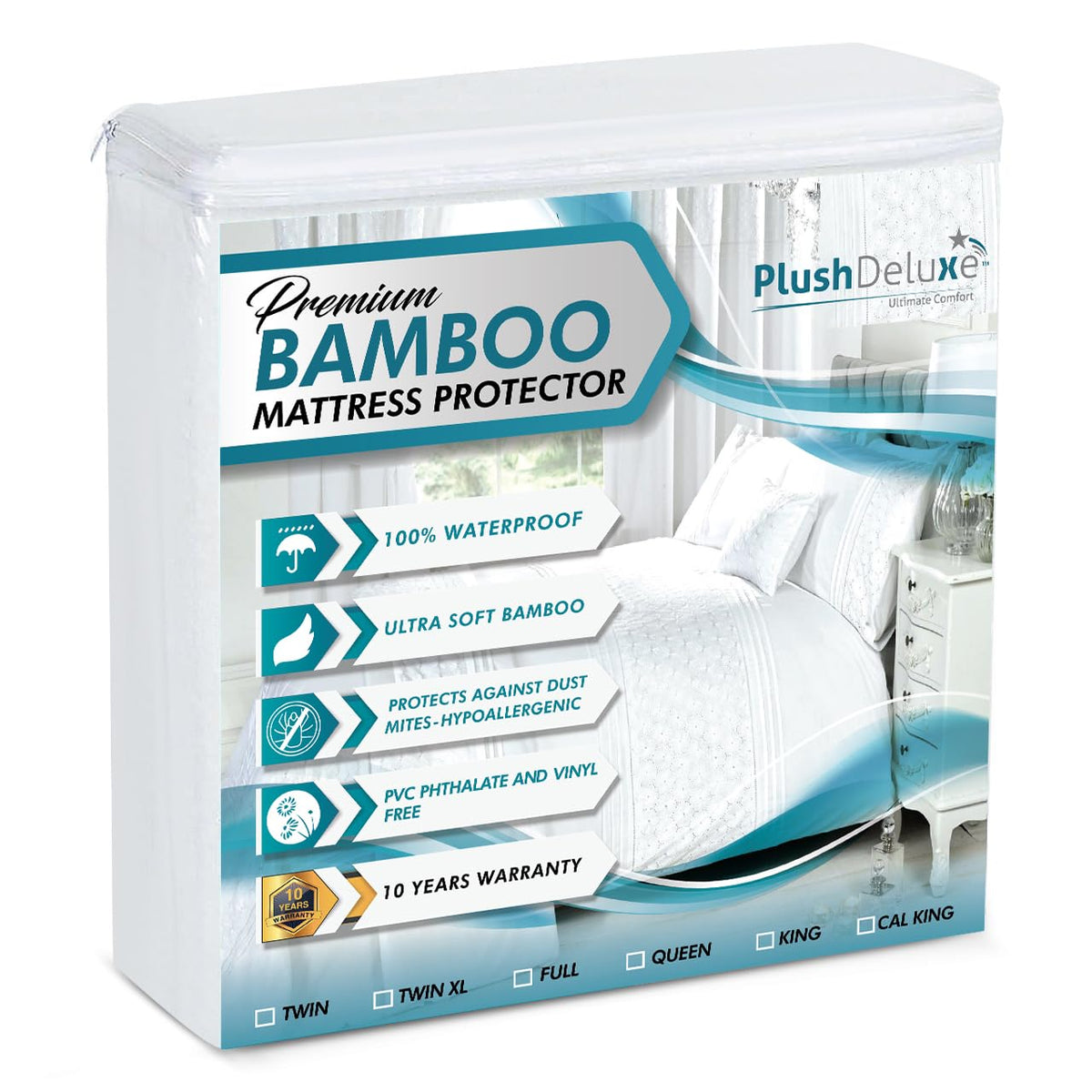 Plushdeluxe Premium Viscose Mattress Protector - Cal-King Size, Waterproof, & Ultra Soft Breathable Noiseless Washable Bed Mattr