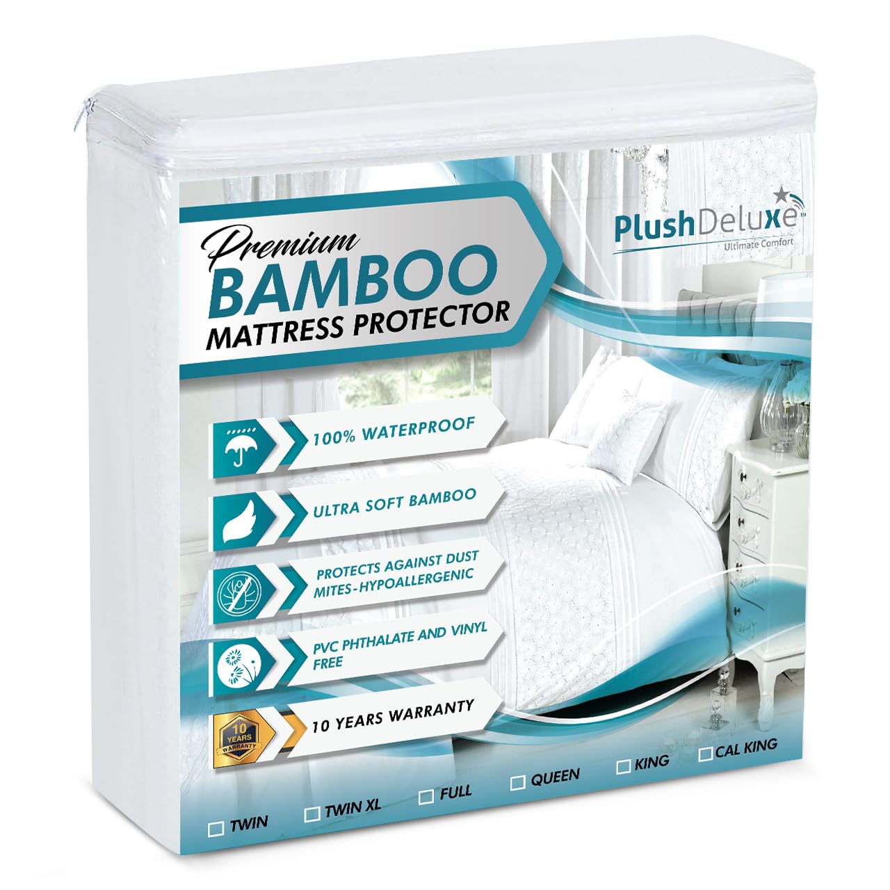 Plushdeluxe Premium Bamboo Mattress Protector - King Size, Waterproof, & Ultra Soft Breathable Noiseless Washable Bed Mattress C